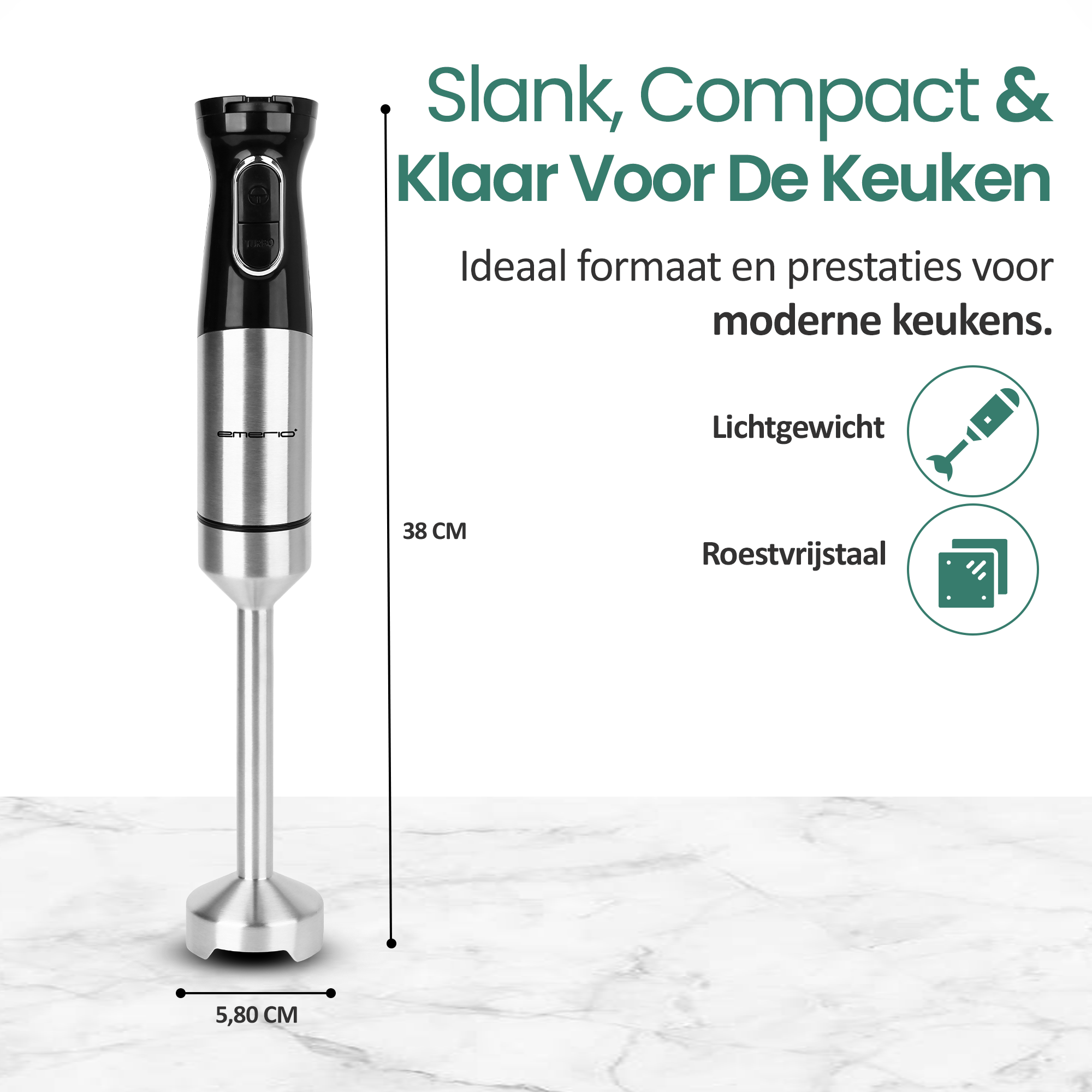 Een zilveren en zwarte staafmixer tegen een witte achtergrond. Tekst beschrijft de kenmerken zoals lichtgewicht en roestvrij staal.