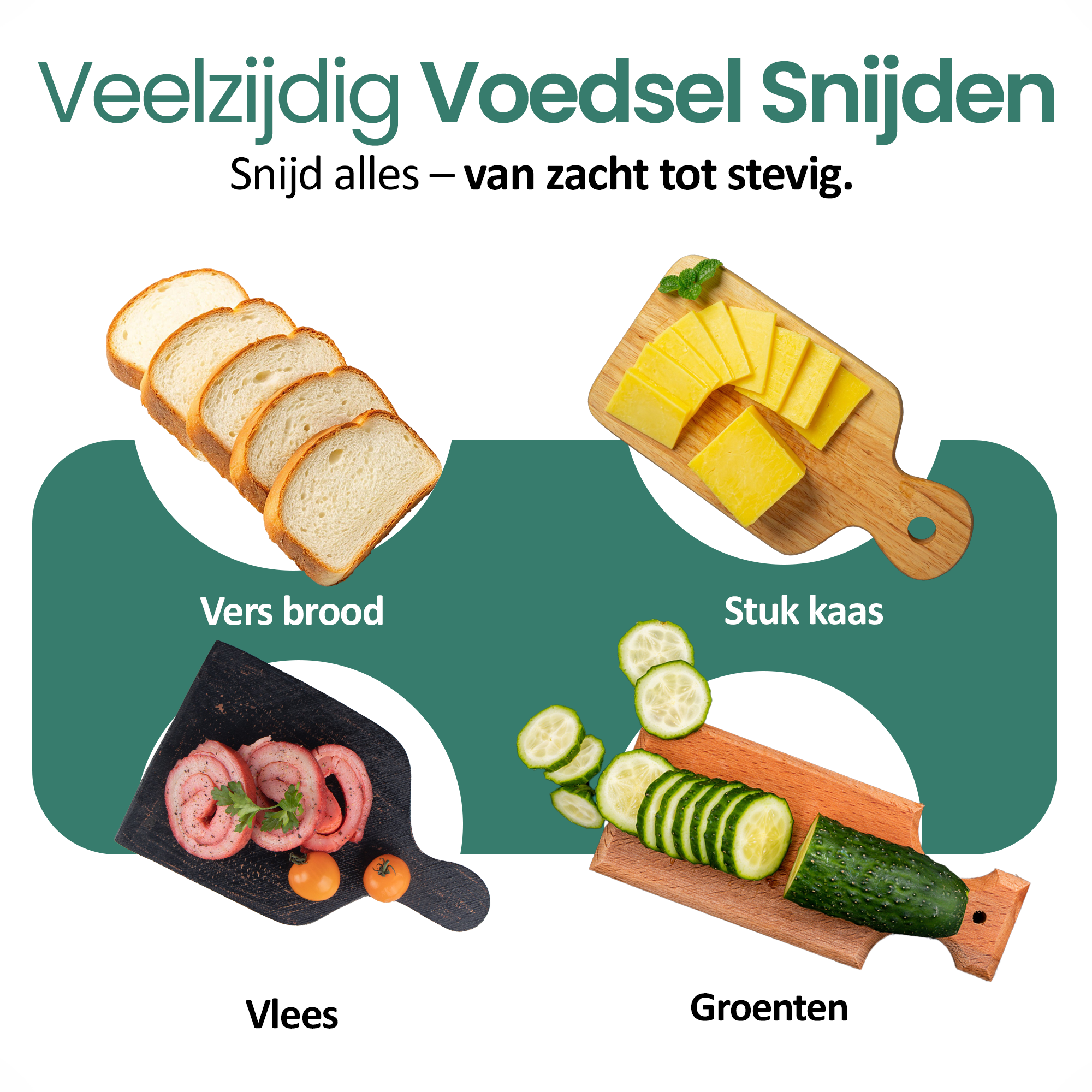 Image shows sliced bread, cheese, meat, and cucumber. Text indicates variety of foods to cut.
