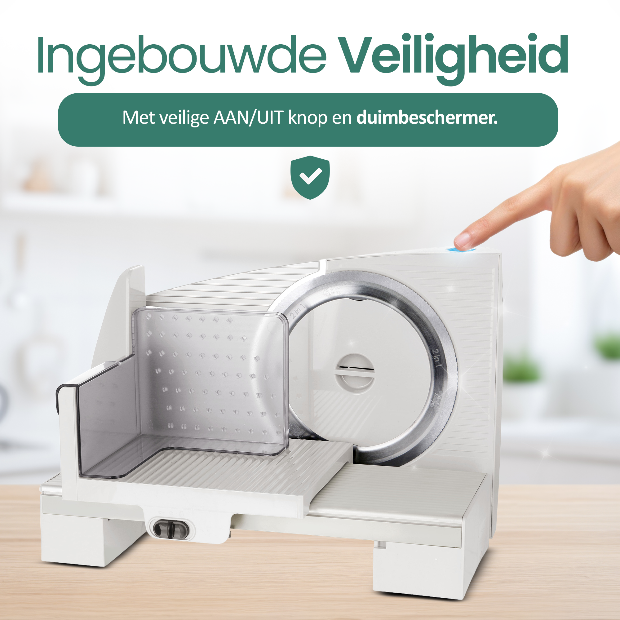 A white food slicer is on a wooden table. A hand is pressing the power button. Text says 'Built-in safety'.