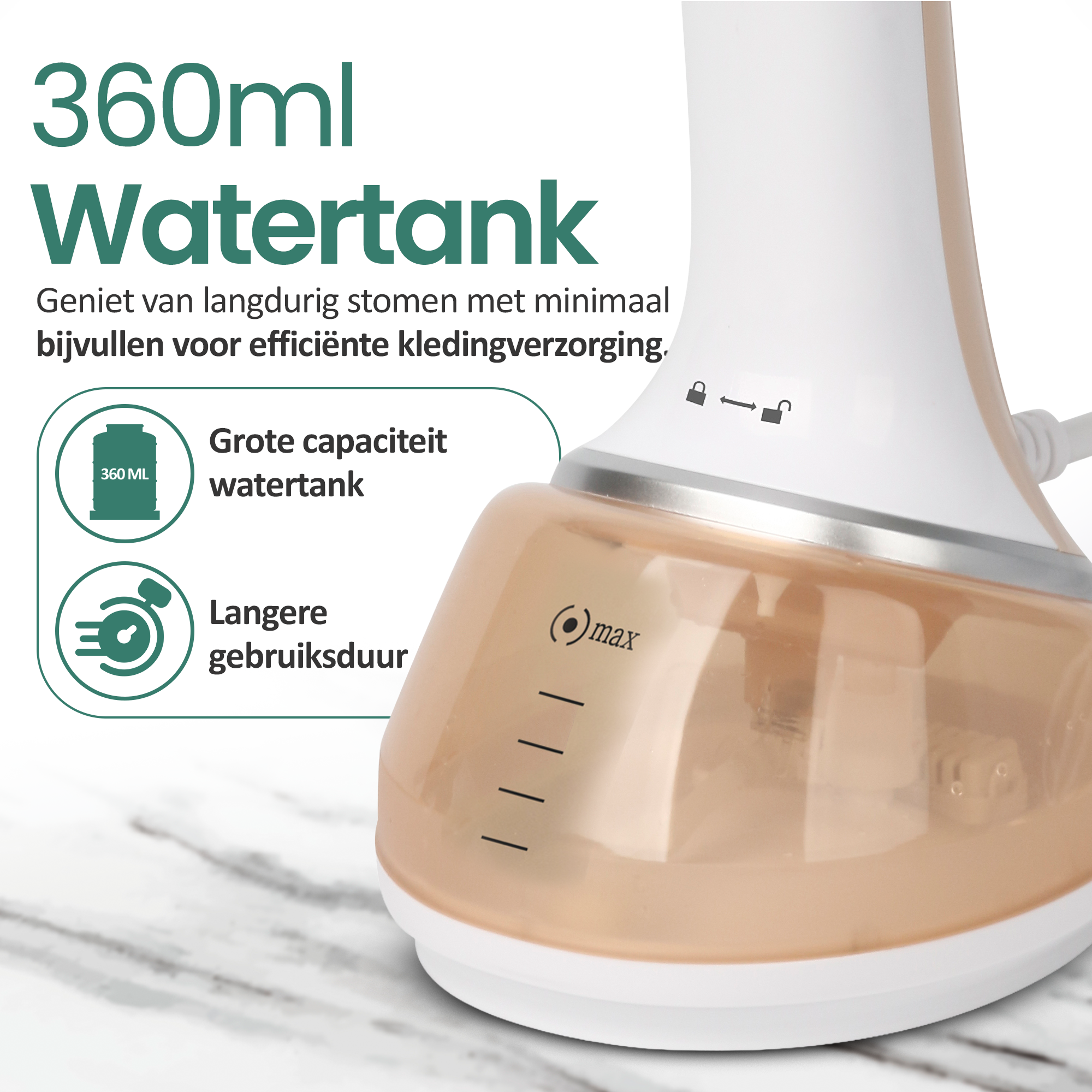 Een witte en beige stomer met een waterreservoir van 360 ml. Tekst geeft lang stomen aan met minimaal bijvullen.