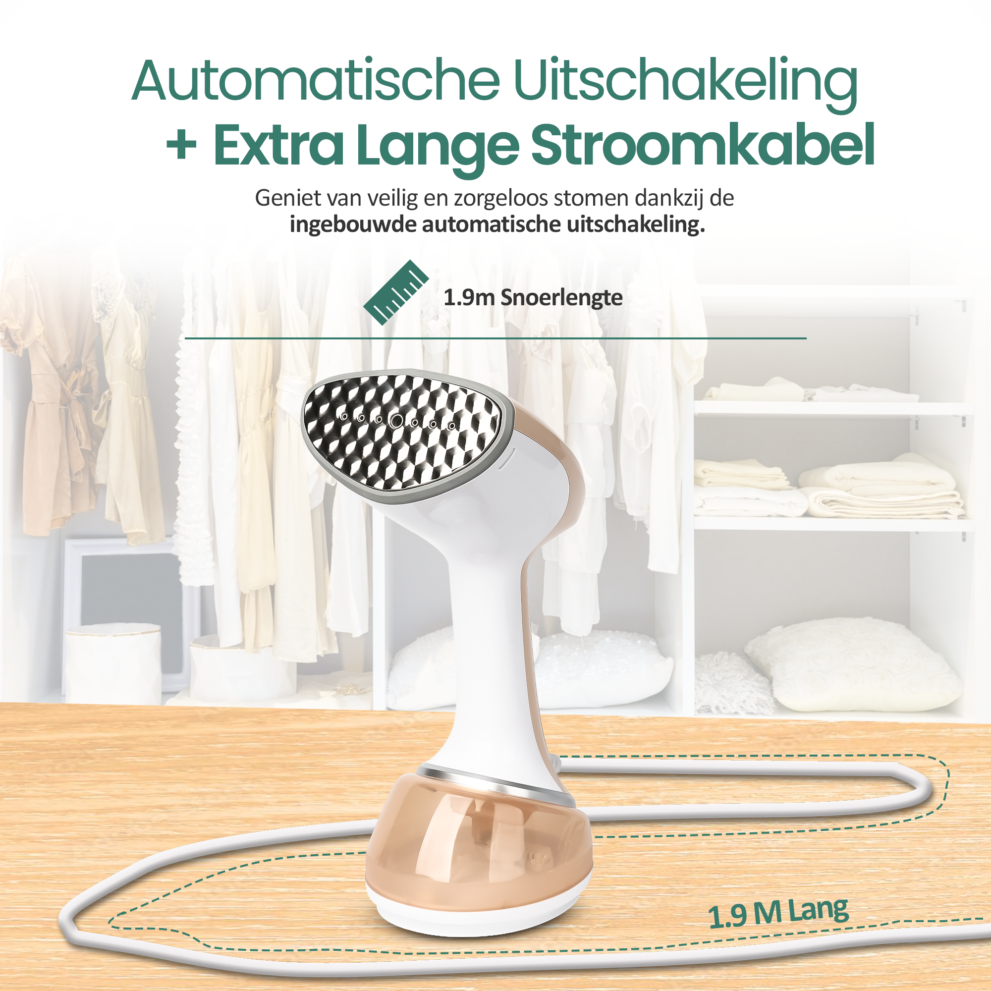 Een witte en gouden kledingstomer met een lange witte kabel. Kleding op de achtergrond, tekst: 'automatische uitschakeling'.