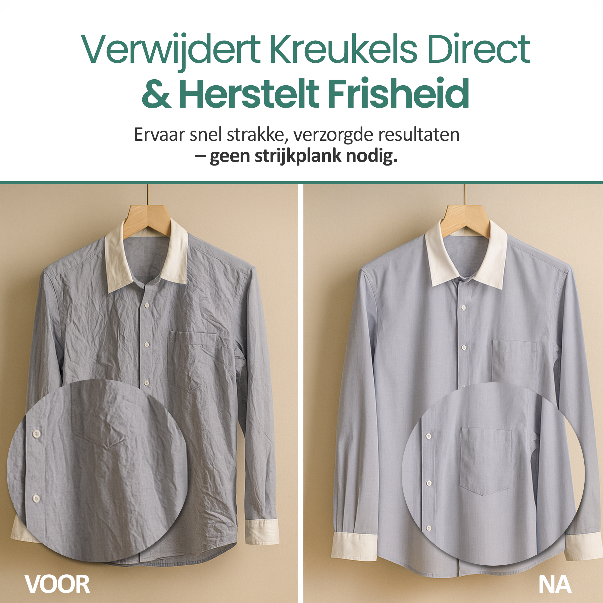 Afbeelding toont een gekreukeld overhemd voor en een glad overhemd erna. De hemden zijn grijs met witte kragen, hangend op houten kleerhangers.