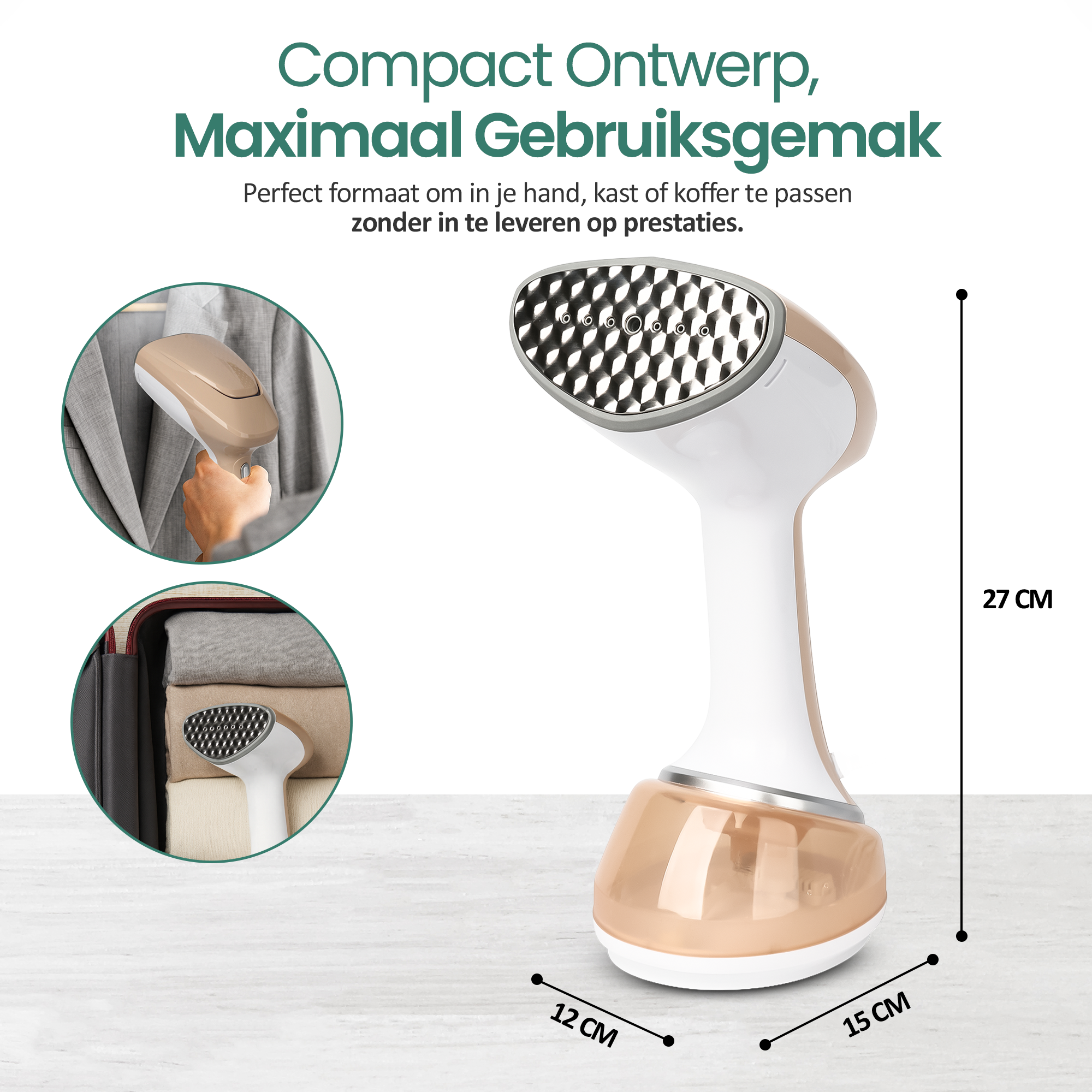 Een handheld steamer, wit en bruin, met een gedetailleerde sproeier. Ook twee inzetfoto's: een jas stomen en in een koffer.