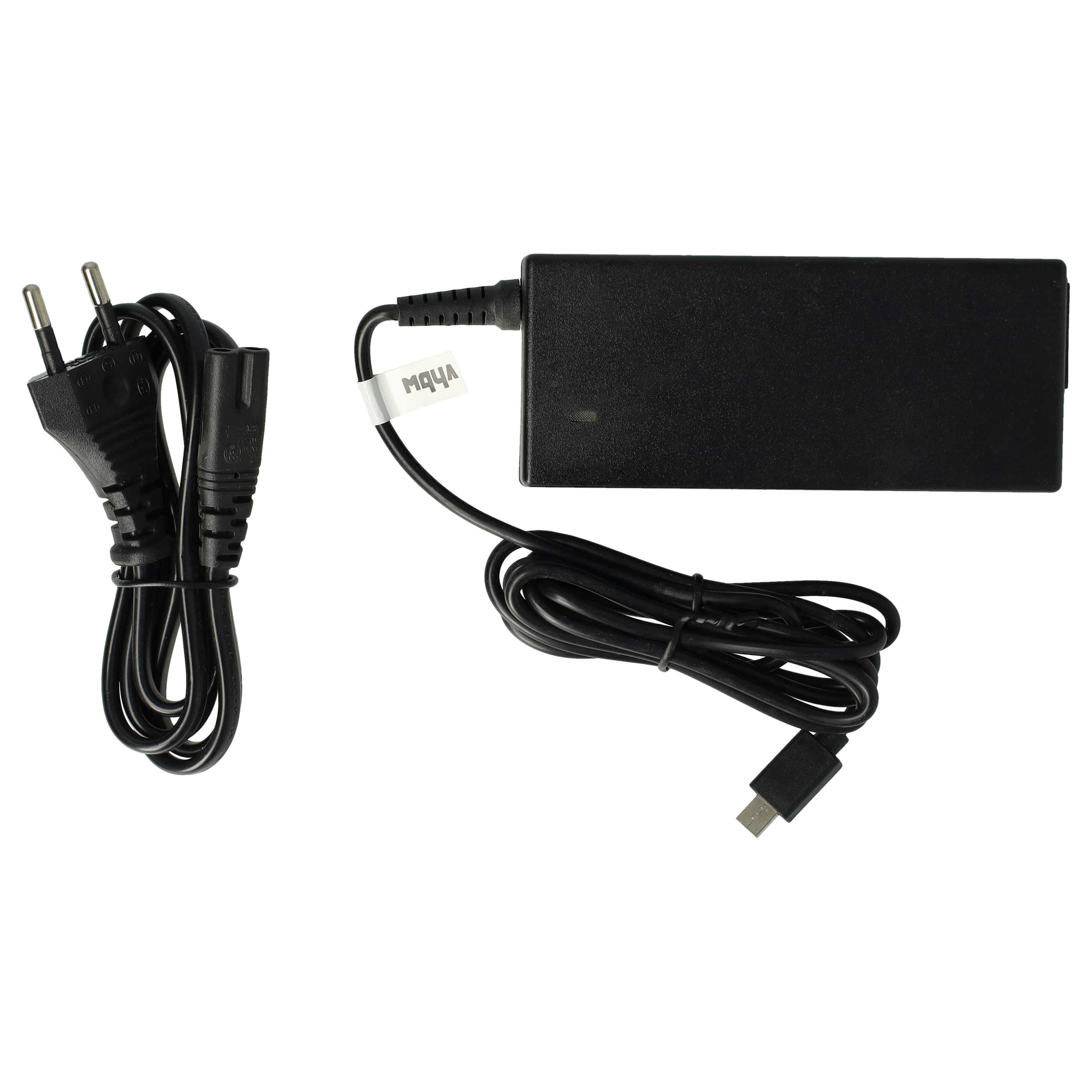Schwarzes Netzteil mit Kabel und Stecker auf weißem Hintergrund. Der Adapter hat ein Etikett mit der Aufschrift "VHbh".