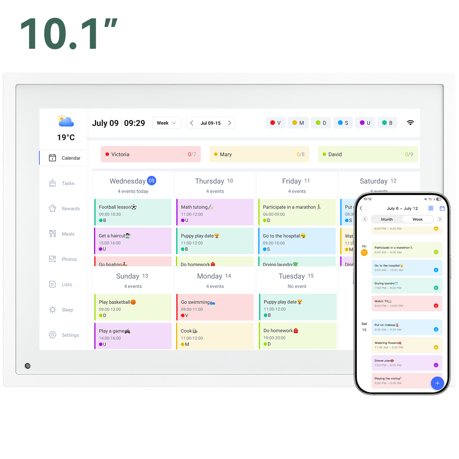 Aplicación de calendario en la pantalla de una tableta, que muestra una vista semanal con eventos, temperatura y hora.