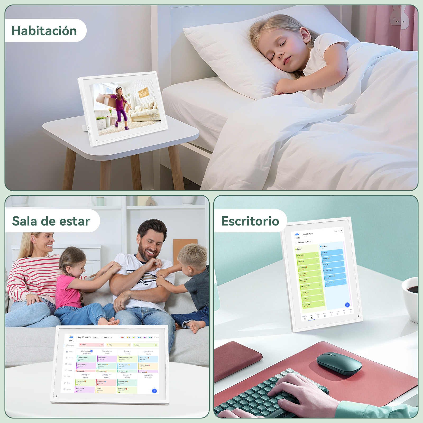 Un marco digital muestra a una niña. Una niña durmiendo está en la cama. Una familia juega en un sofá y una persona escribe en un teclado.