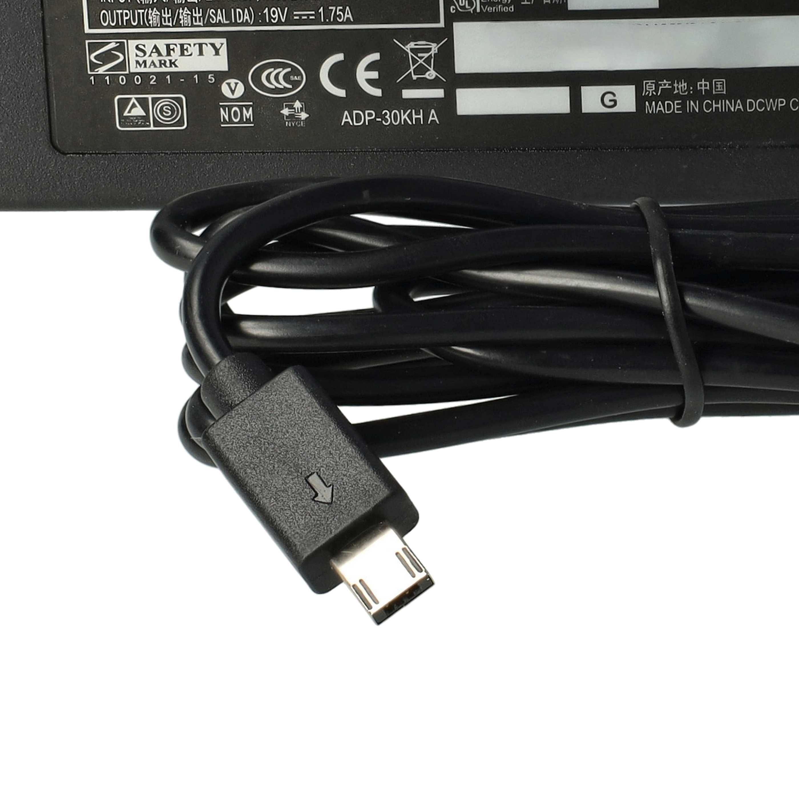 Schwarzes Netzteil mit Kabel und Micro-USB. Der Adapter hat Text und Logos, das Kabel ist aufgerollt.
