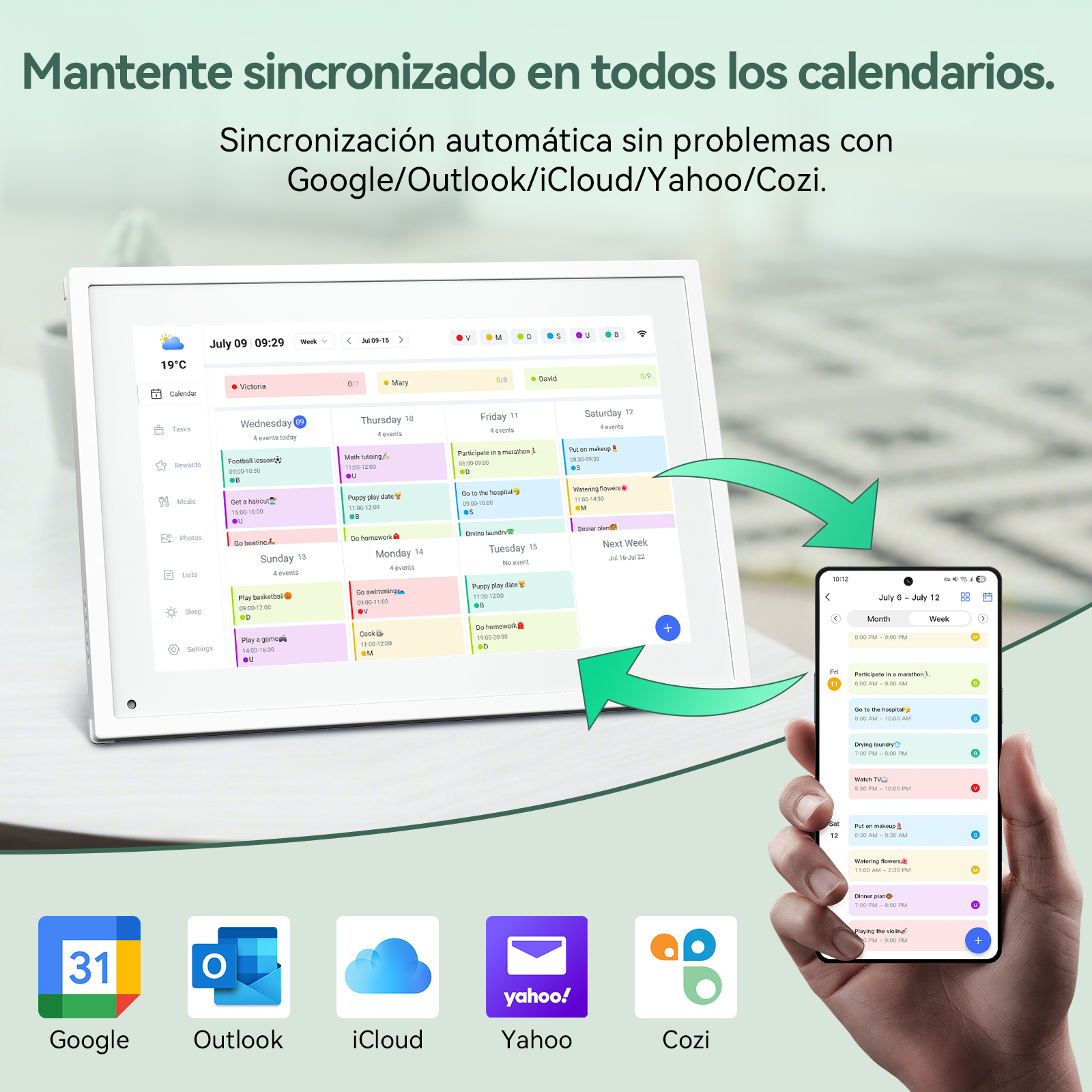 Una aplicación de calendario en una tableta y un teléfono muestra citas. Iconos de Google, Outlook, iCloud, Yahoo y Cozi abajo.