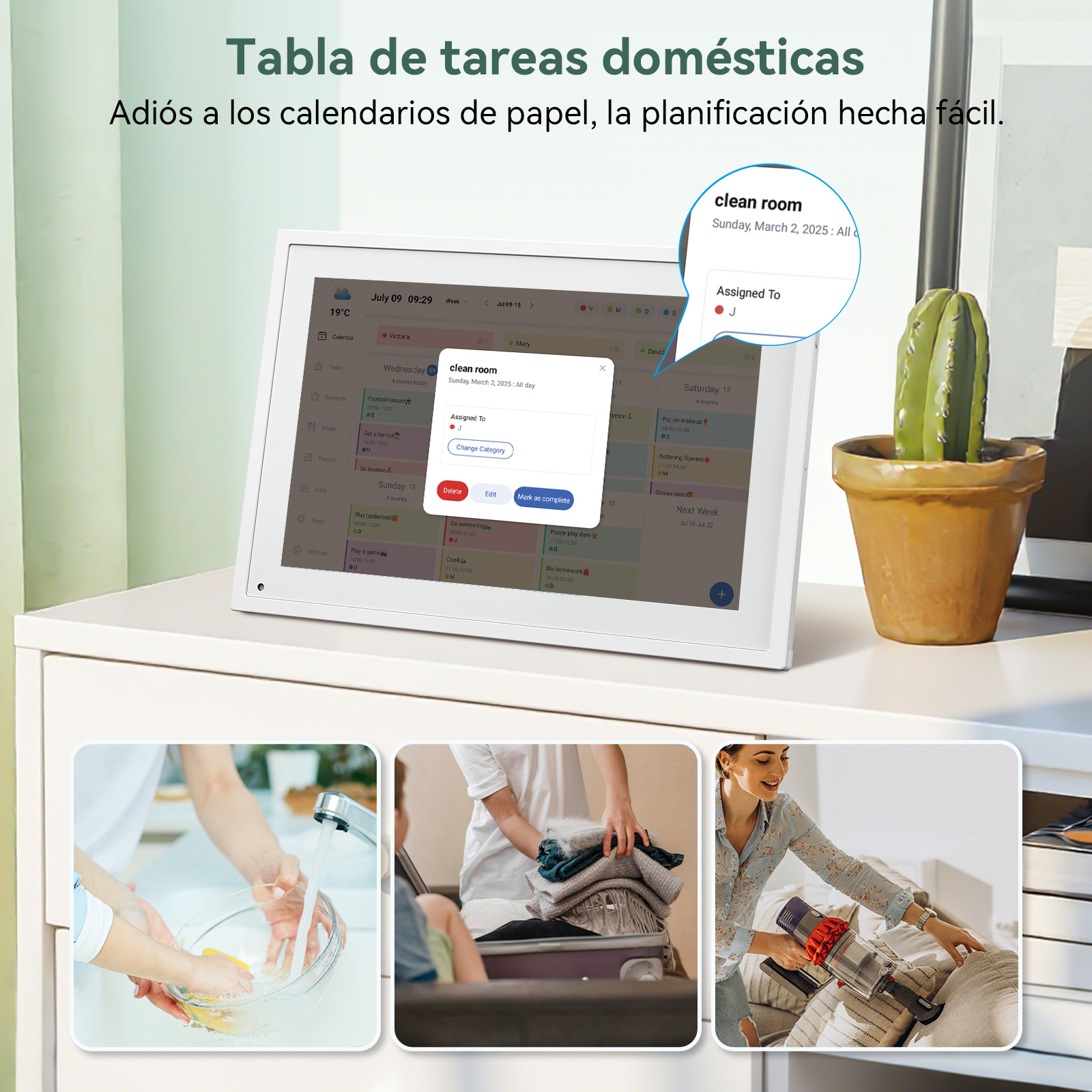 Un planificador digital en una superficie blanca. Muestra tareas, con un cactus en una maceta a la derecha.