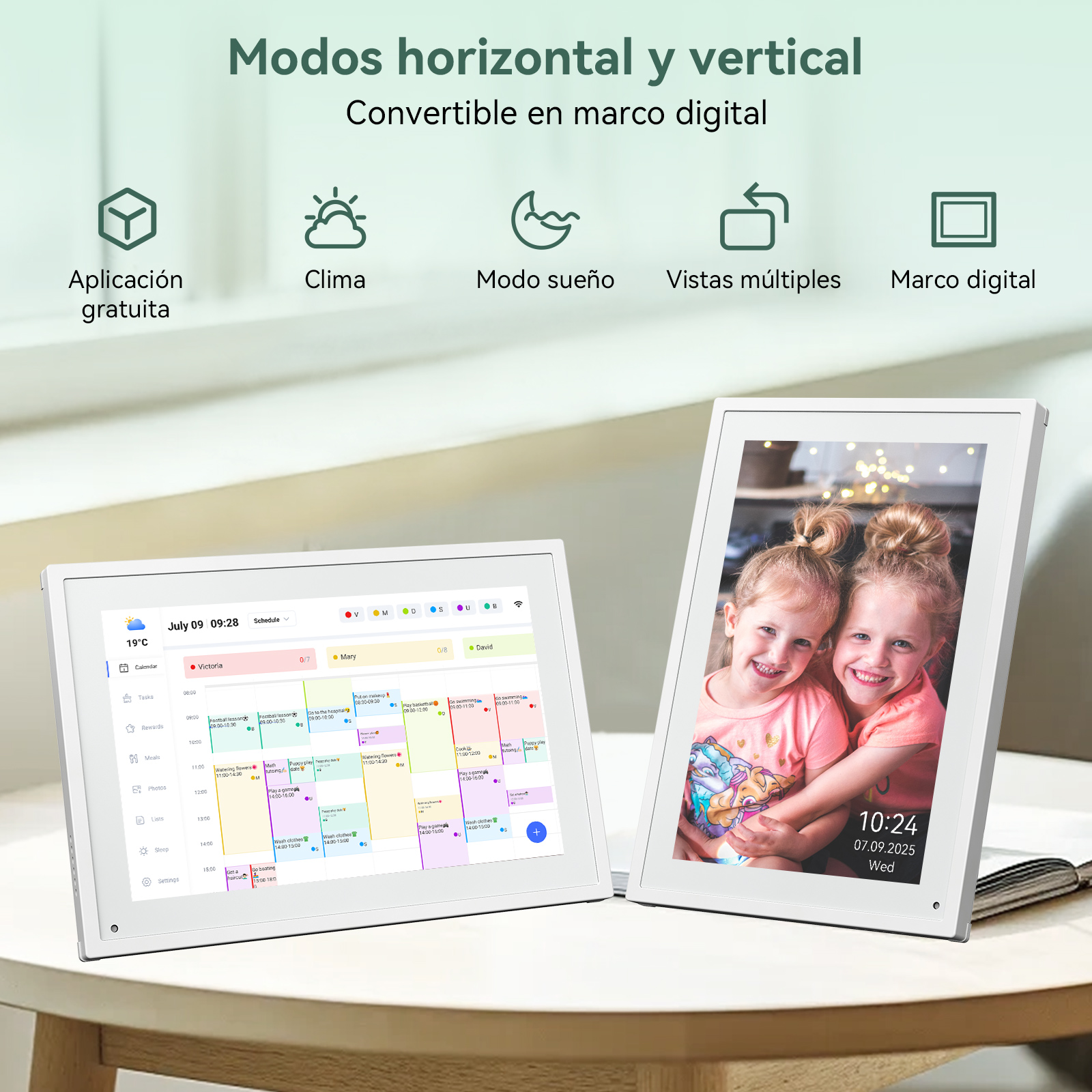 Dos marcos digitales blancos que muestran contenido. Uno muestra un horario, el otro dos chicas sonriendo. El texto superior dice 'Modos horizontal y vertical'.
