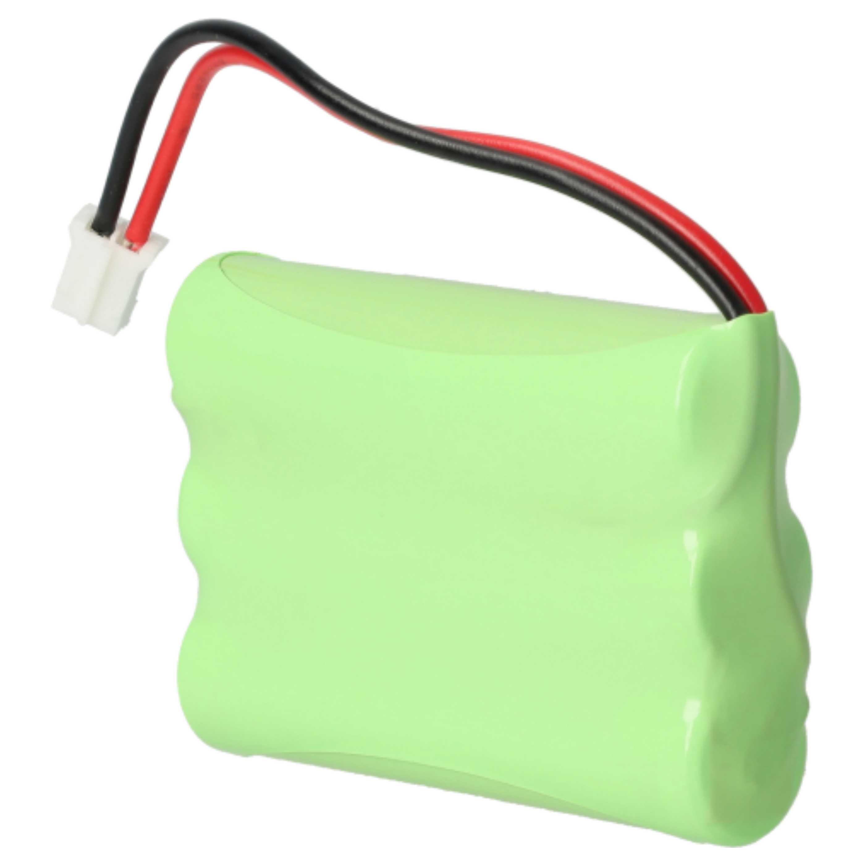 Ein hellgrüner Akku mit schwarzen und roten Drähten, die mit einem weißen Stecker verbunden sind.