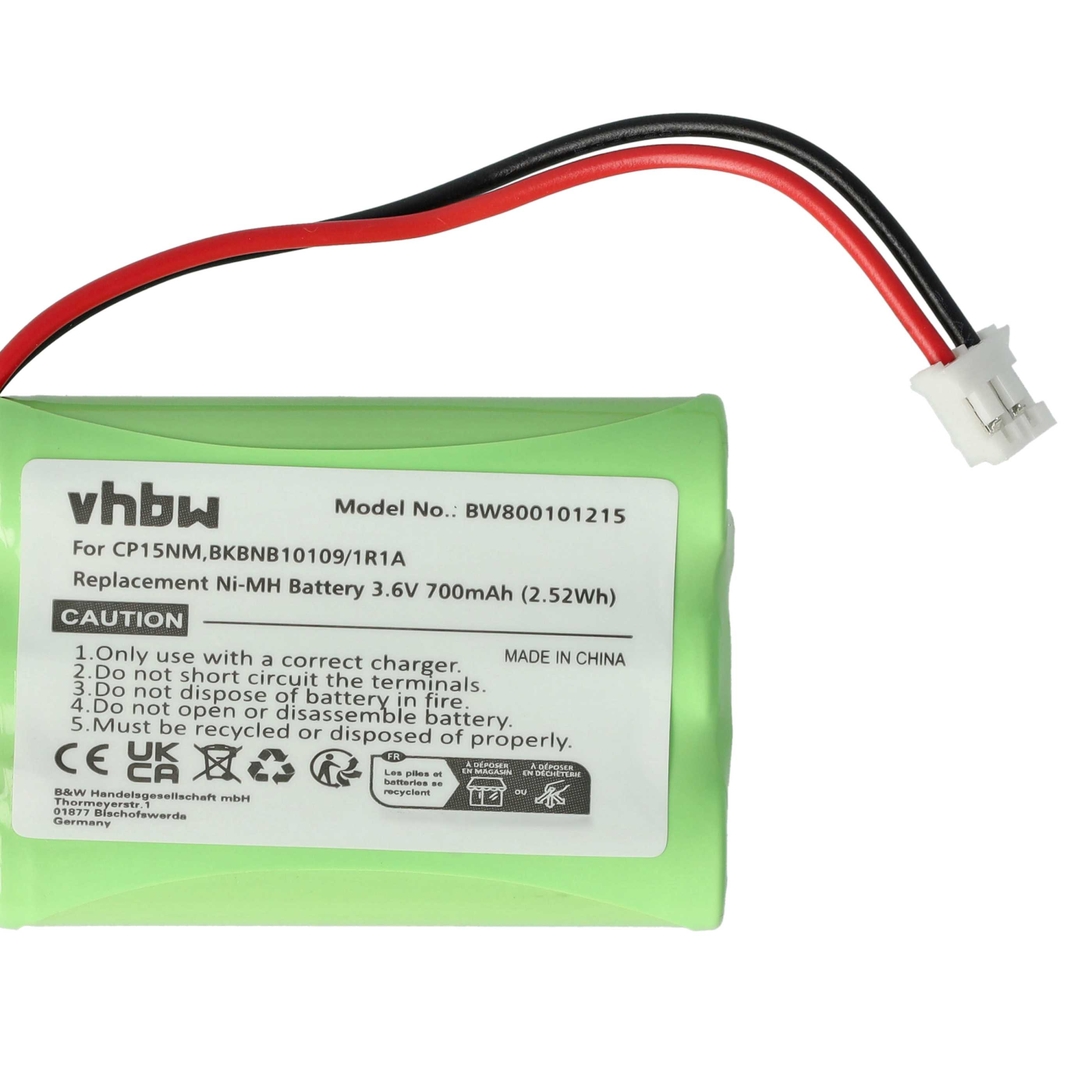 Eine grüne Batterie mit der Aufschrift 'vhbw' und schwarzen/roten Drähten. Text enthält Warnungen und Recyclinghinweise.