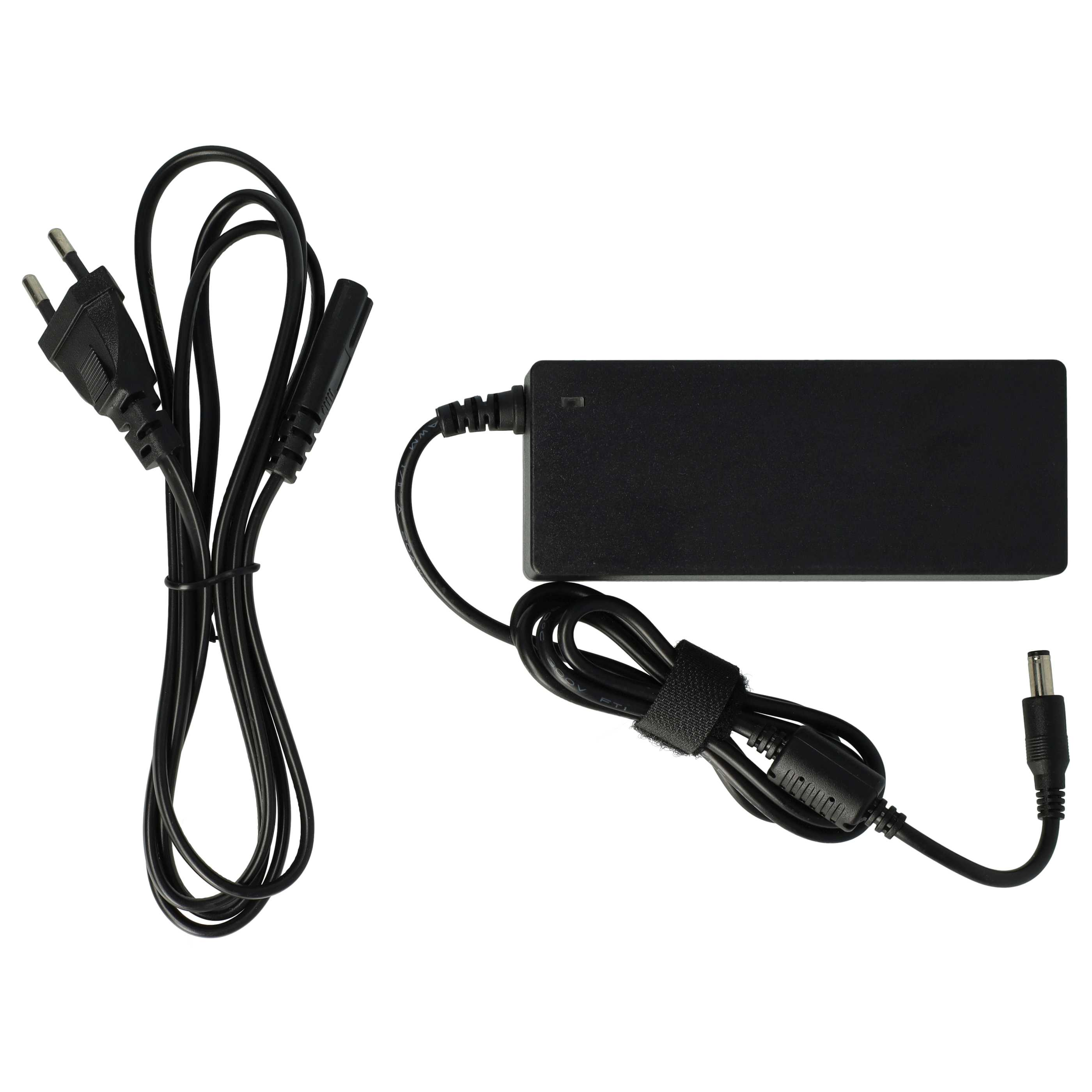 Schwarzes Laptop-Ladegerät mit Zweipolstecker und DC-Anschluss auf weißem Hintergrund.