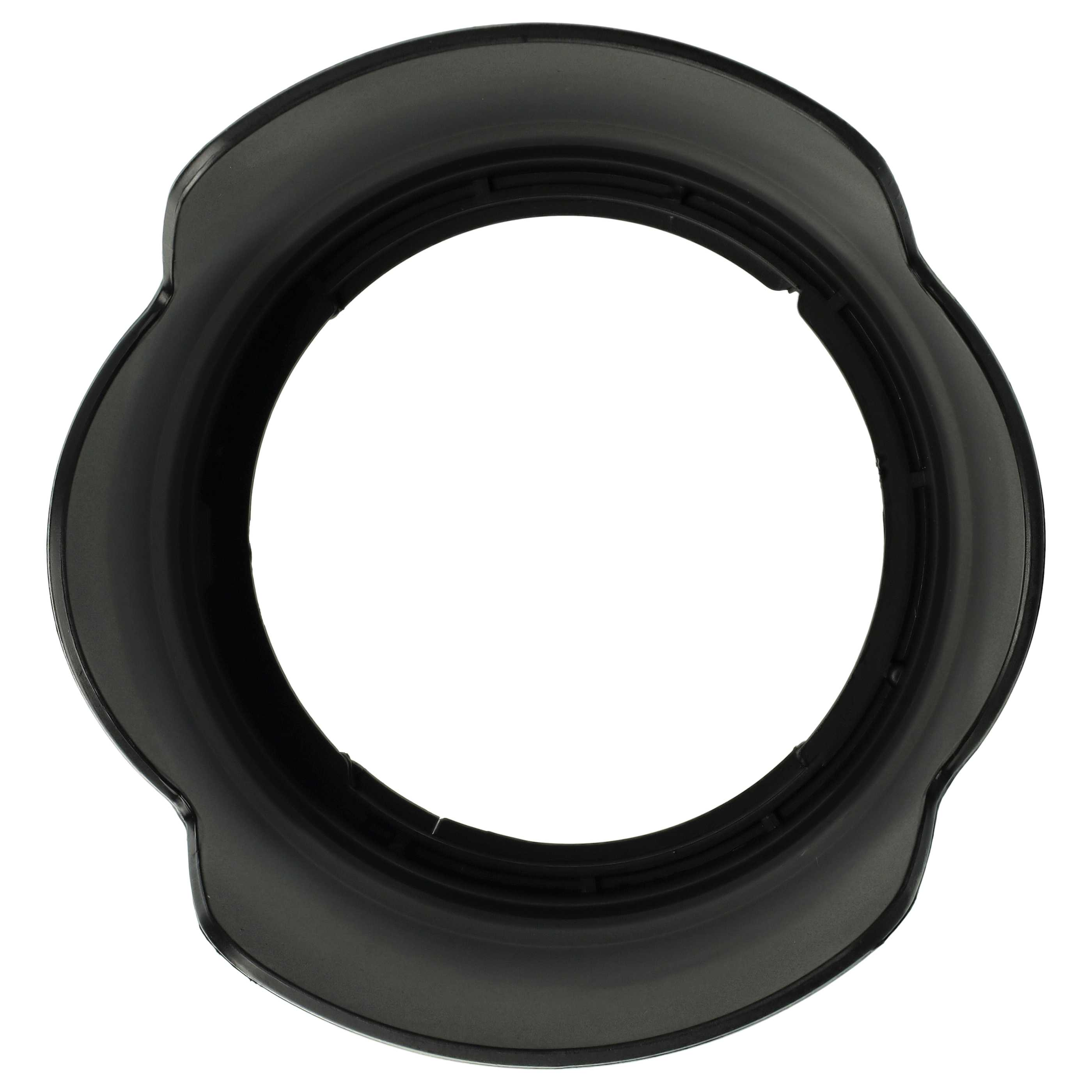 Eine schwarze Sonnenblende auf weißem Hintergrund. Die Haube ist ringförmig, mit einer breiten, gebogenen Oberseite und einer kreisförmigen Öffnung.
