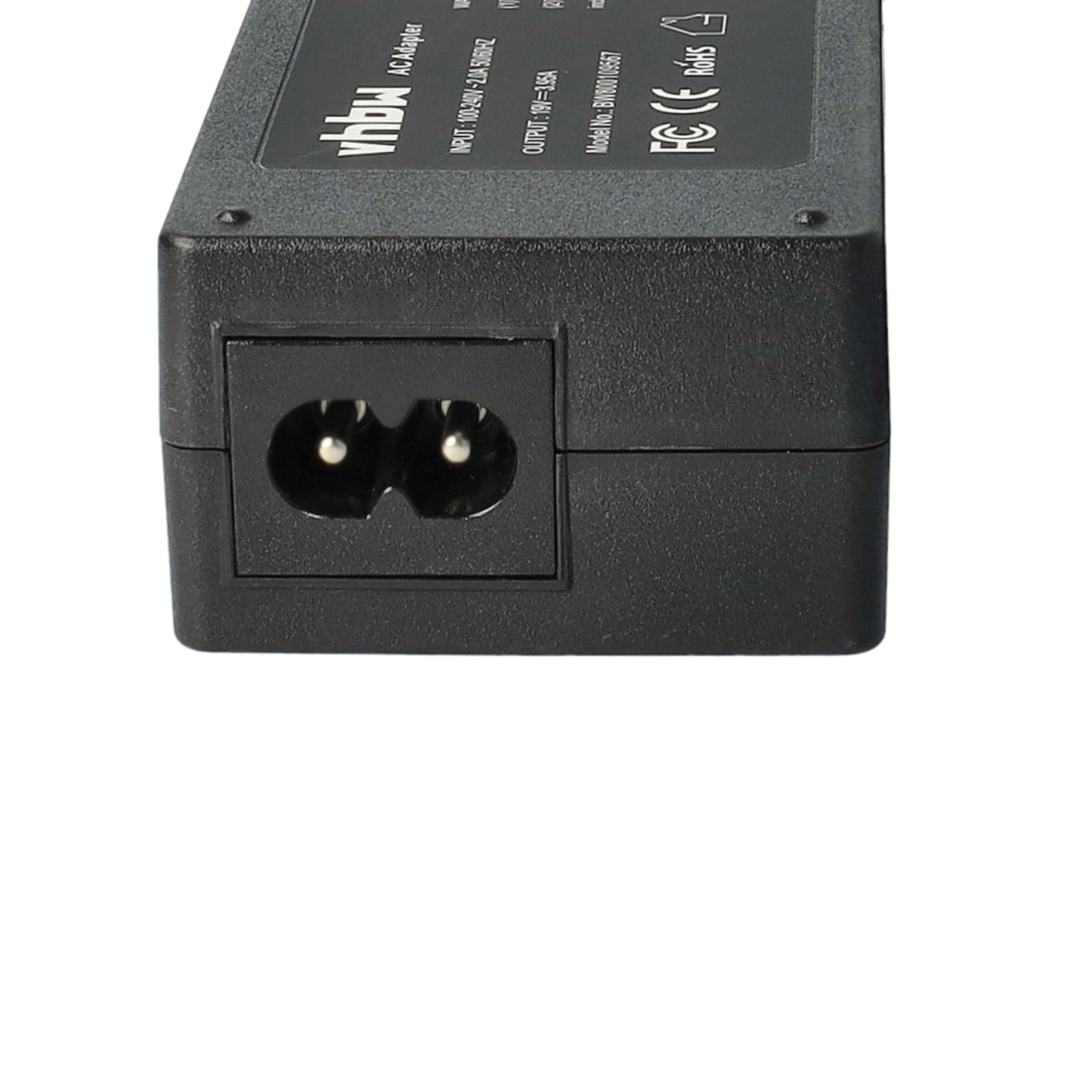 Schwarzer AC-Adapter mit zweipoligem Eingang, weißer Hintergrund. Text enthält Eingangs-/Ausgangsdetails.