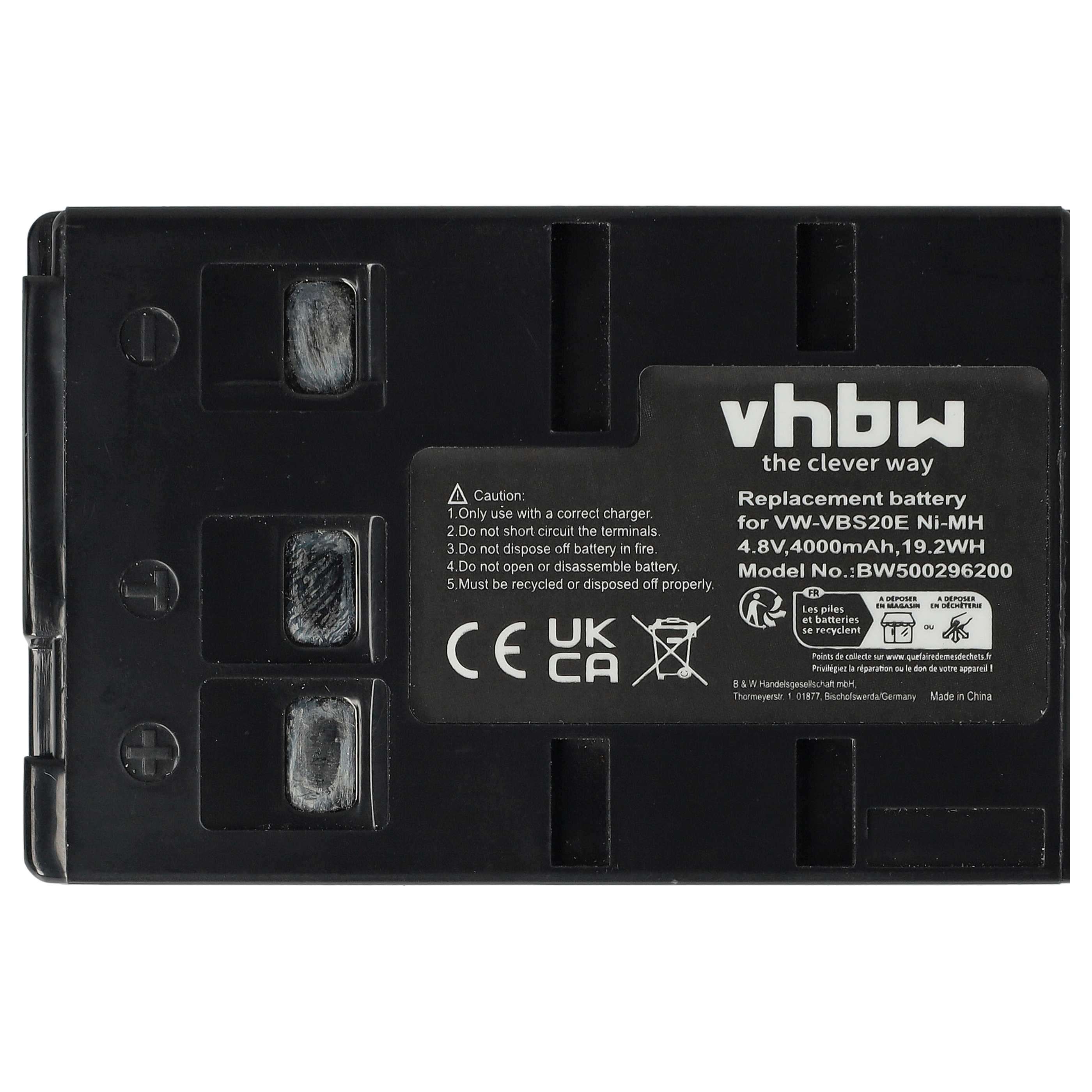 Schwarzer Akku mit weißem Text. Er hat ein Warnsymbol, Recyclingsymbole und ein Logo. Der Text listet Batteriespezifikationen auf.