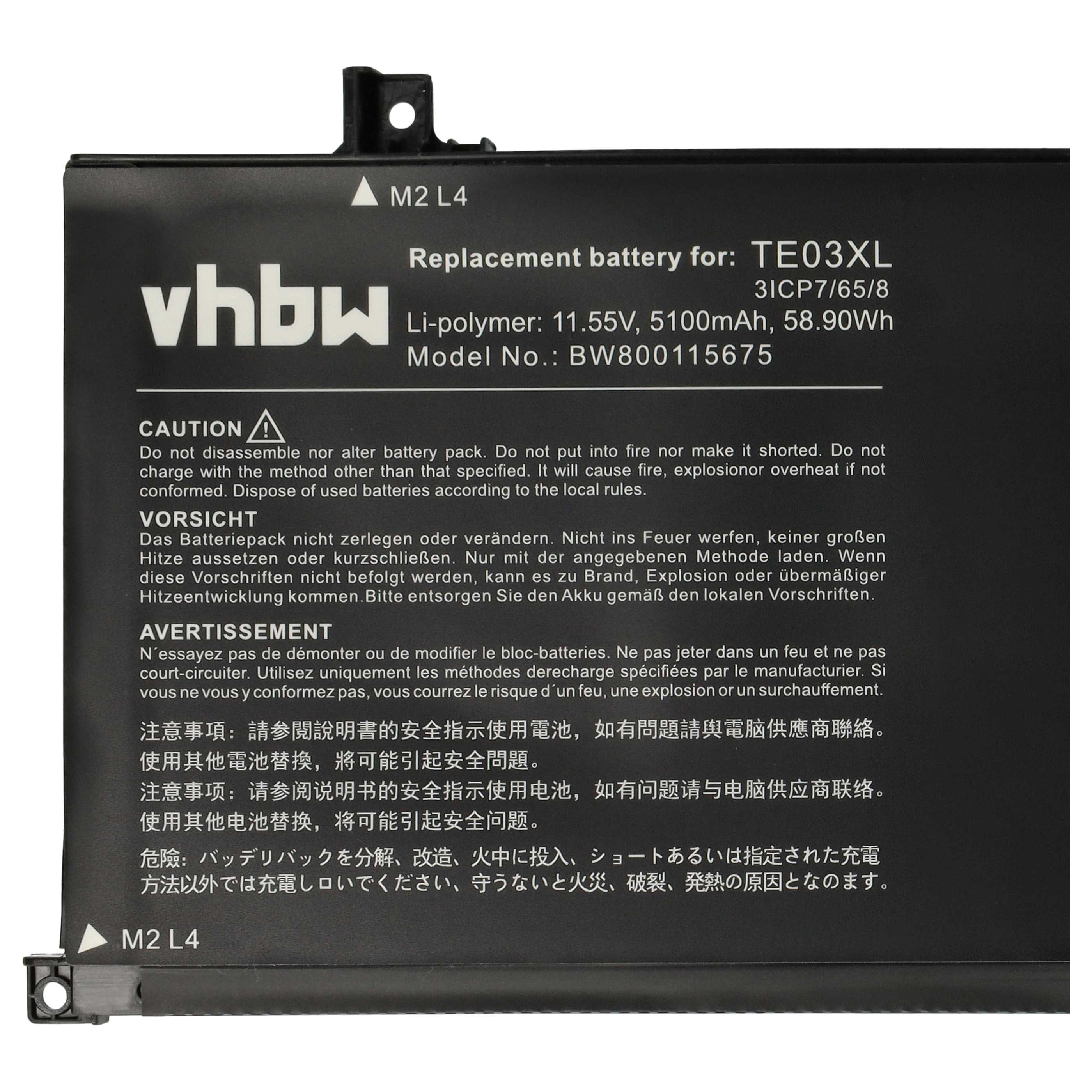 Schwarzes Batterieetikett mit Text in mehreren Sprachen. Enthält Warnungen und technische Daten für eine Batterie.