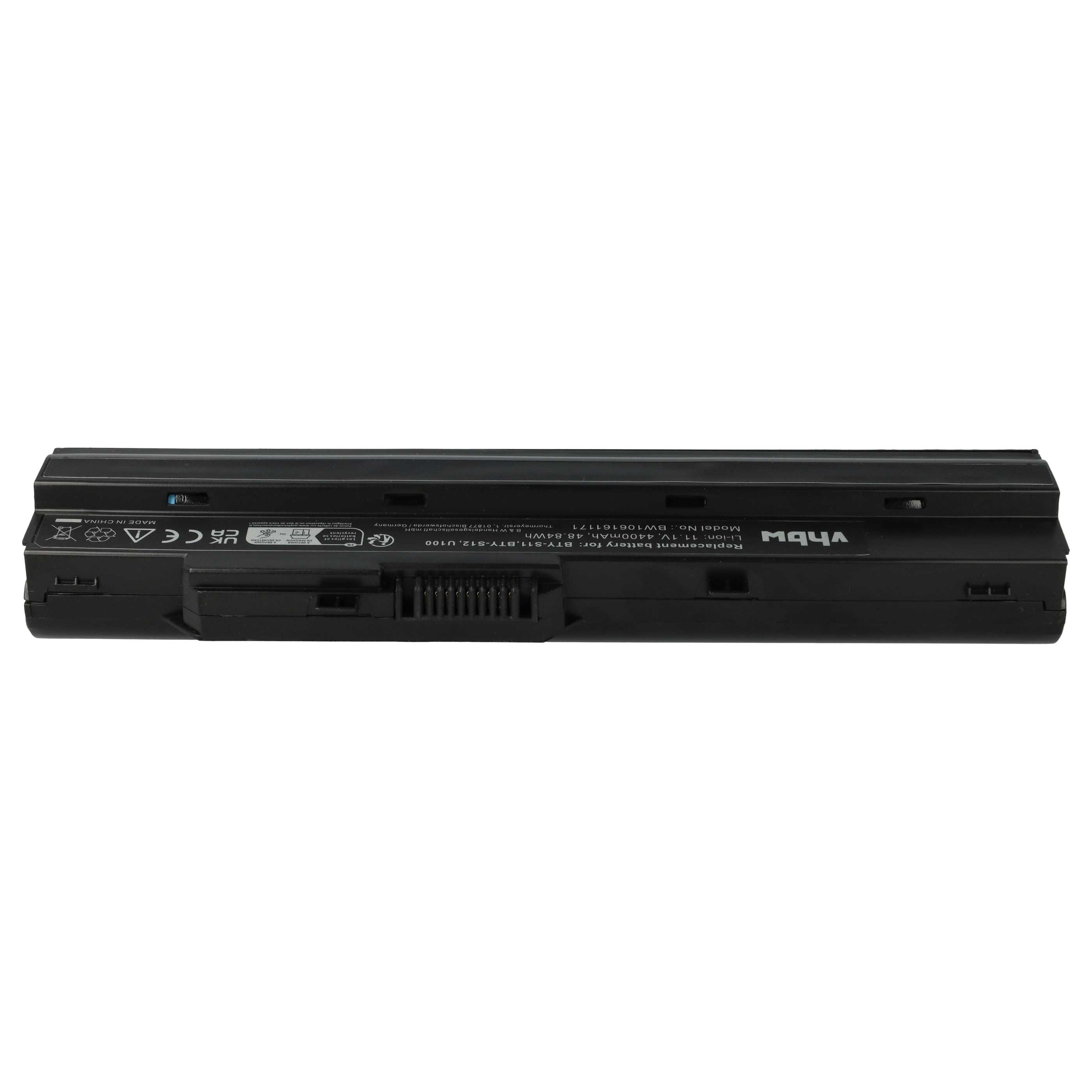 Schwarzer Laptop-Akku mit weißem Hintergrund. Text enthält Modell- und Ersatzdetails.