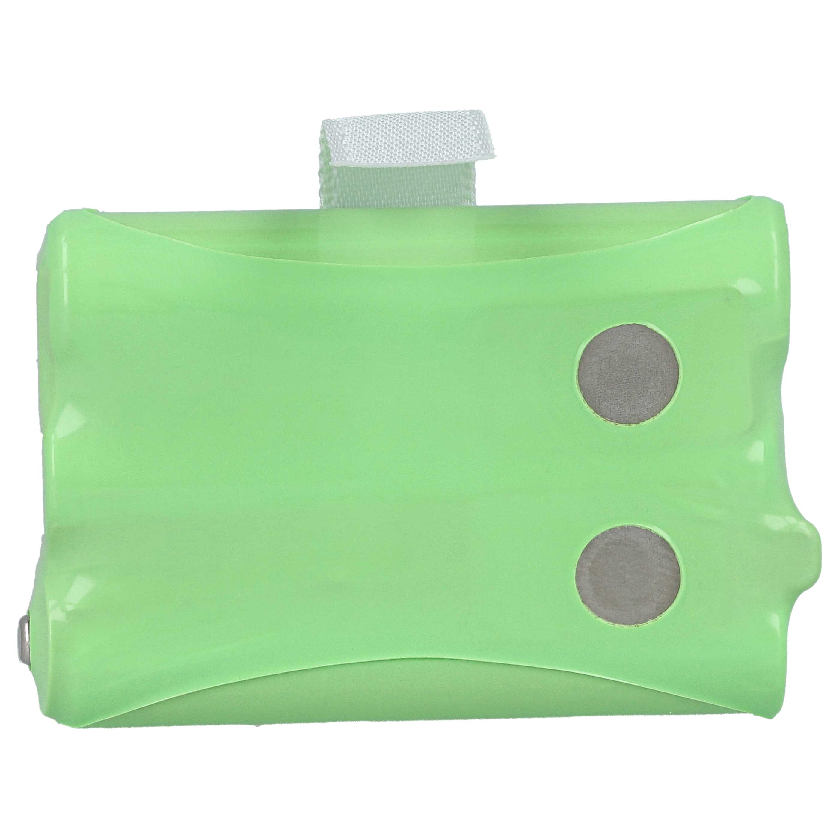 Grünes Batteriepack mit zwei grauen Kreisen. Oben befindet sich ein weißer Riemen.