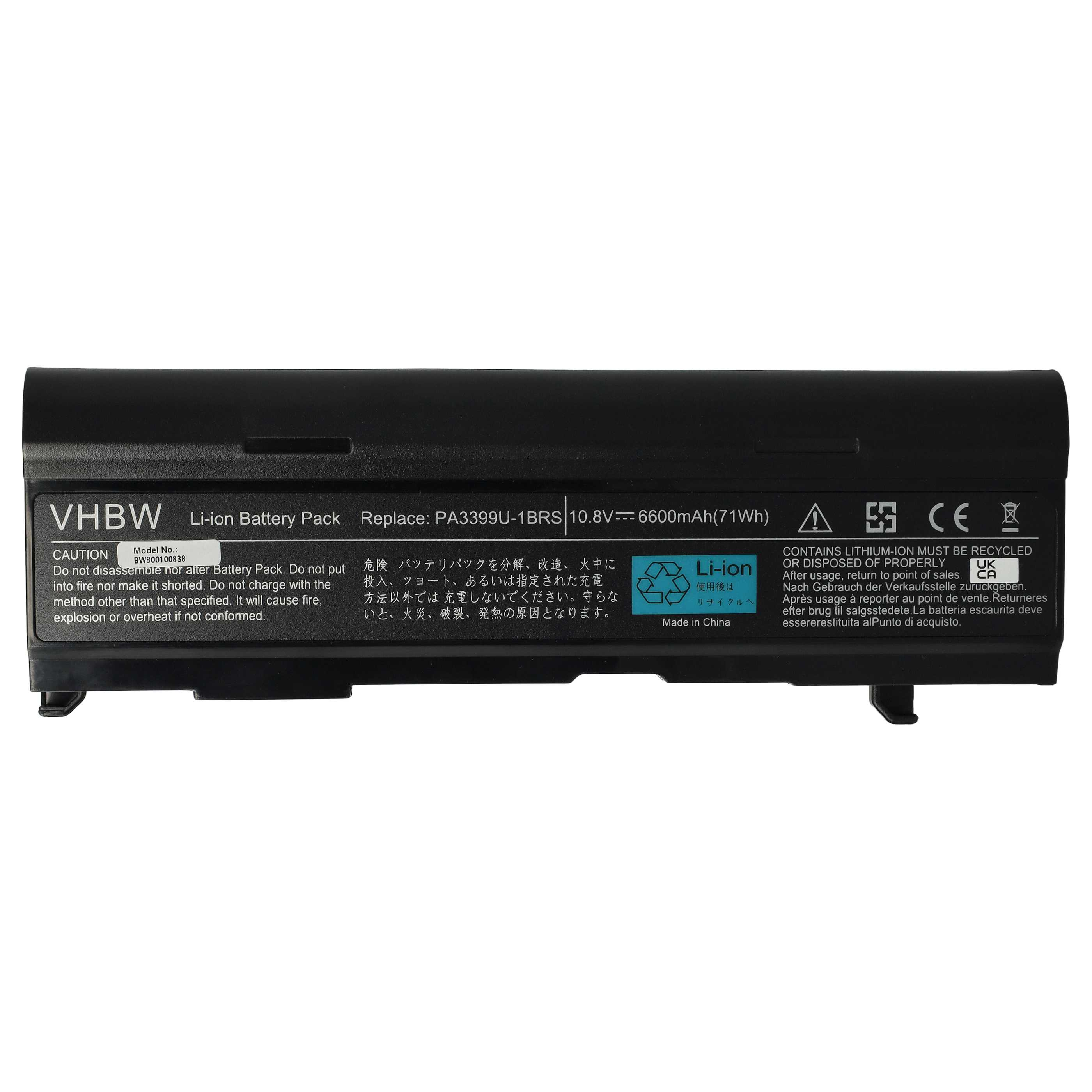 Schwarzer VHBW Li-Ionen-Akku mit Warnhinweisen. Enthält Text in mehreren Sprachen, mit Recyclingsymbol.