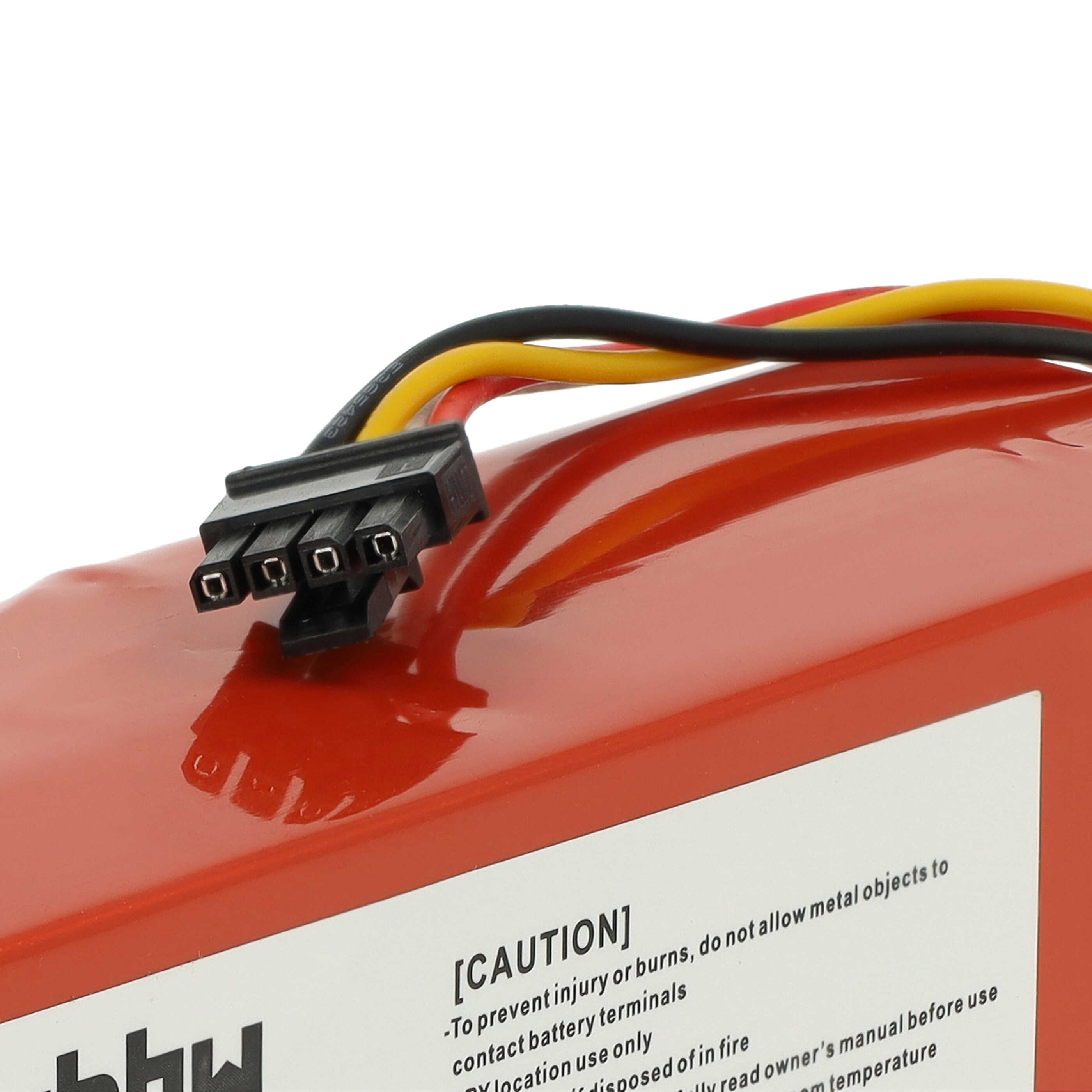 Das Bild zeigt einen roten Akku mit einem schwarzen Stecker und farbigen Drähten. Der Text darauf lautet VORSICHT und Warnungen zur Verwendung.