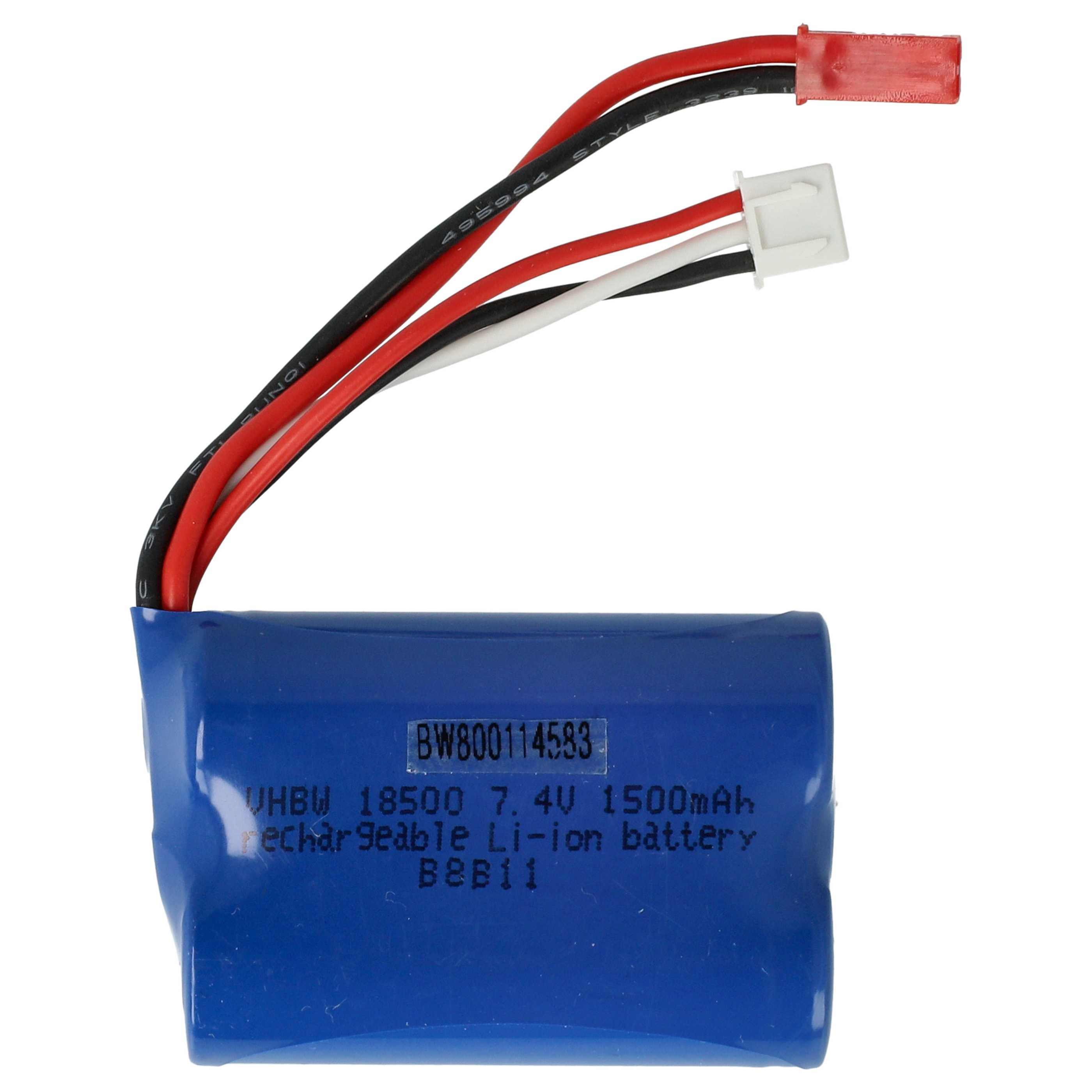 Ein blauer Akku mit roten, schwarzen und weißen Drähten. Er hat Text, der besagt: "UHBW 18500 7.4V 1500mAh".