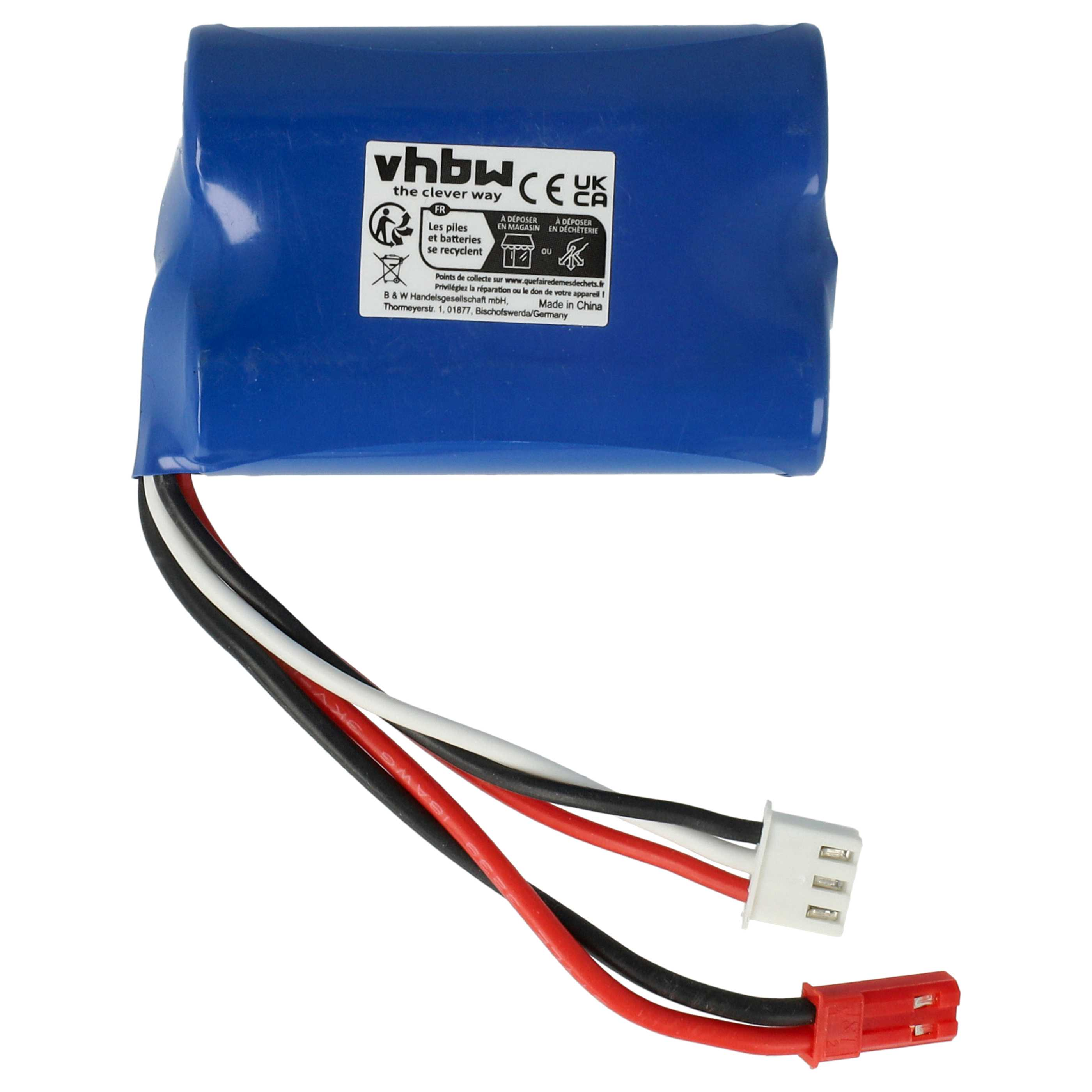 Ein blaues Batteriepack mit schwarzen, weißen und roten Drähten. Es hat einen weißen und roten Stecker.