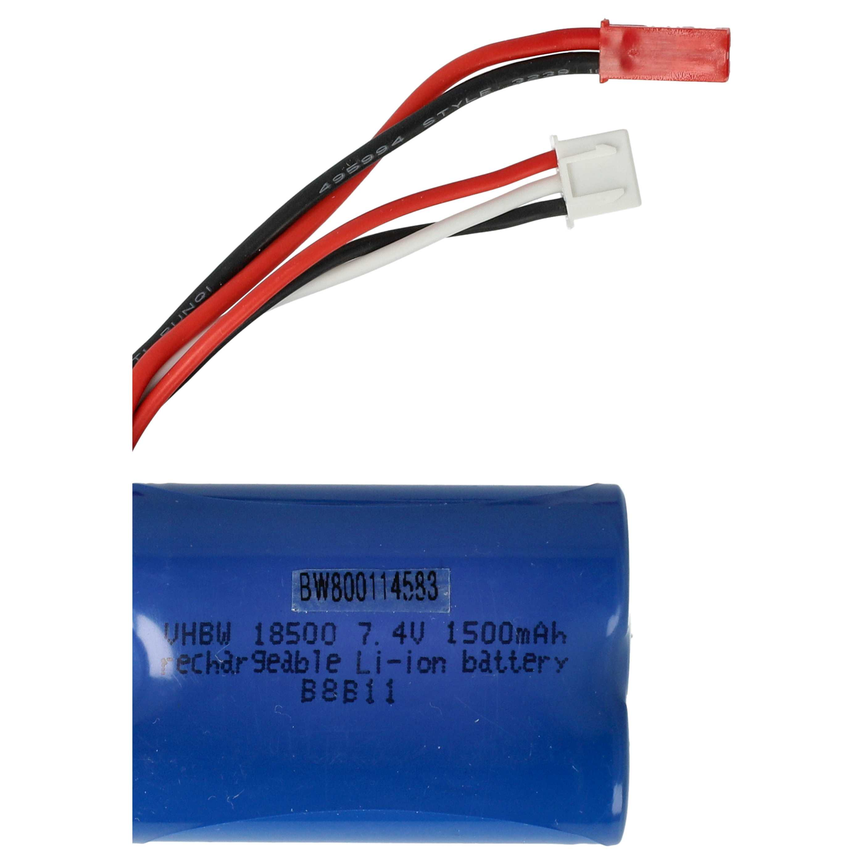 Das Bild zeigt eine blaue Batterie mit Drähten und Anschlüssen. Batterie hat Text: 7.4V 1500mAh. Drähte sind rot, schwarz und weiß.