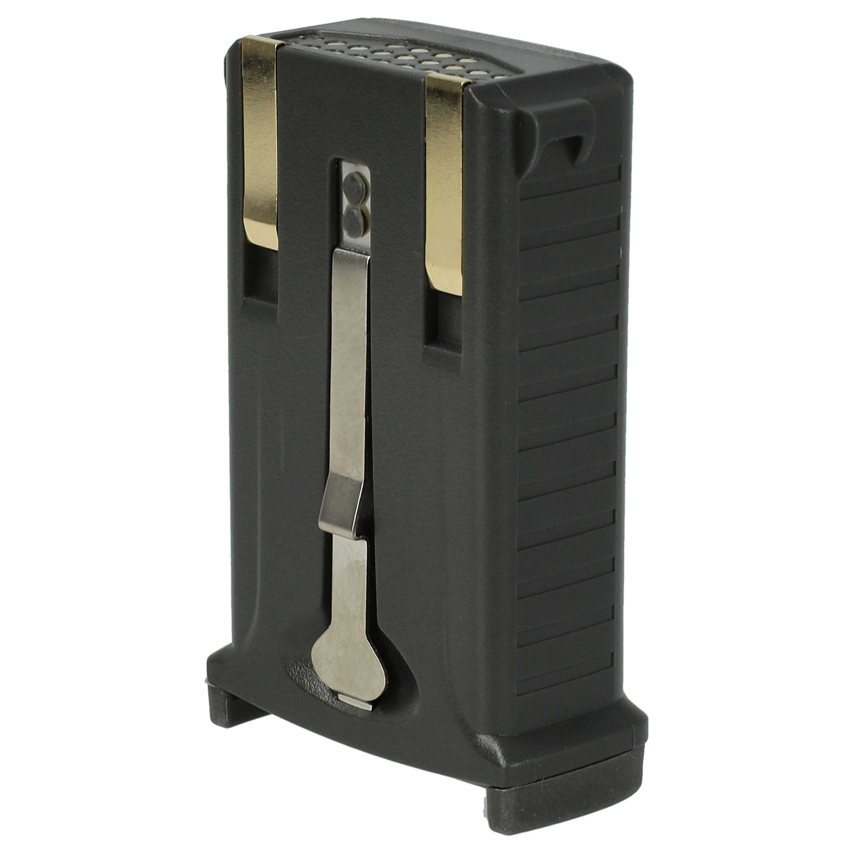 Ein schwarzes, rechteckiges Gerät mit silbernem Clip und goldenen Akzenten auf weißem Hintergrund.