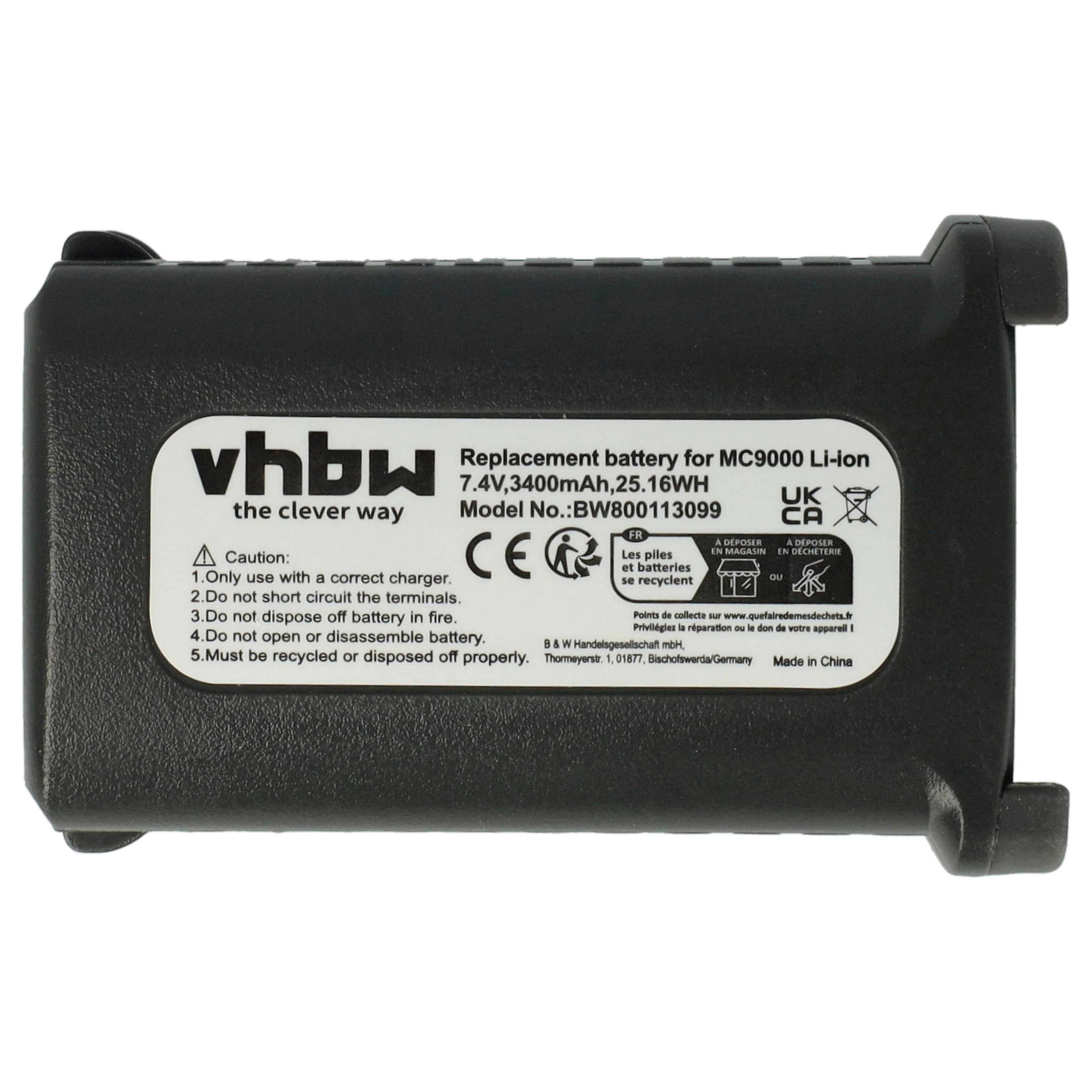 Ein schwarzer vhbw-Ersatzakku für MC9000 Li-ion. Er hat Sicherheitshinweise und Recycling-Symbole.