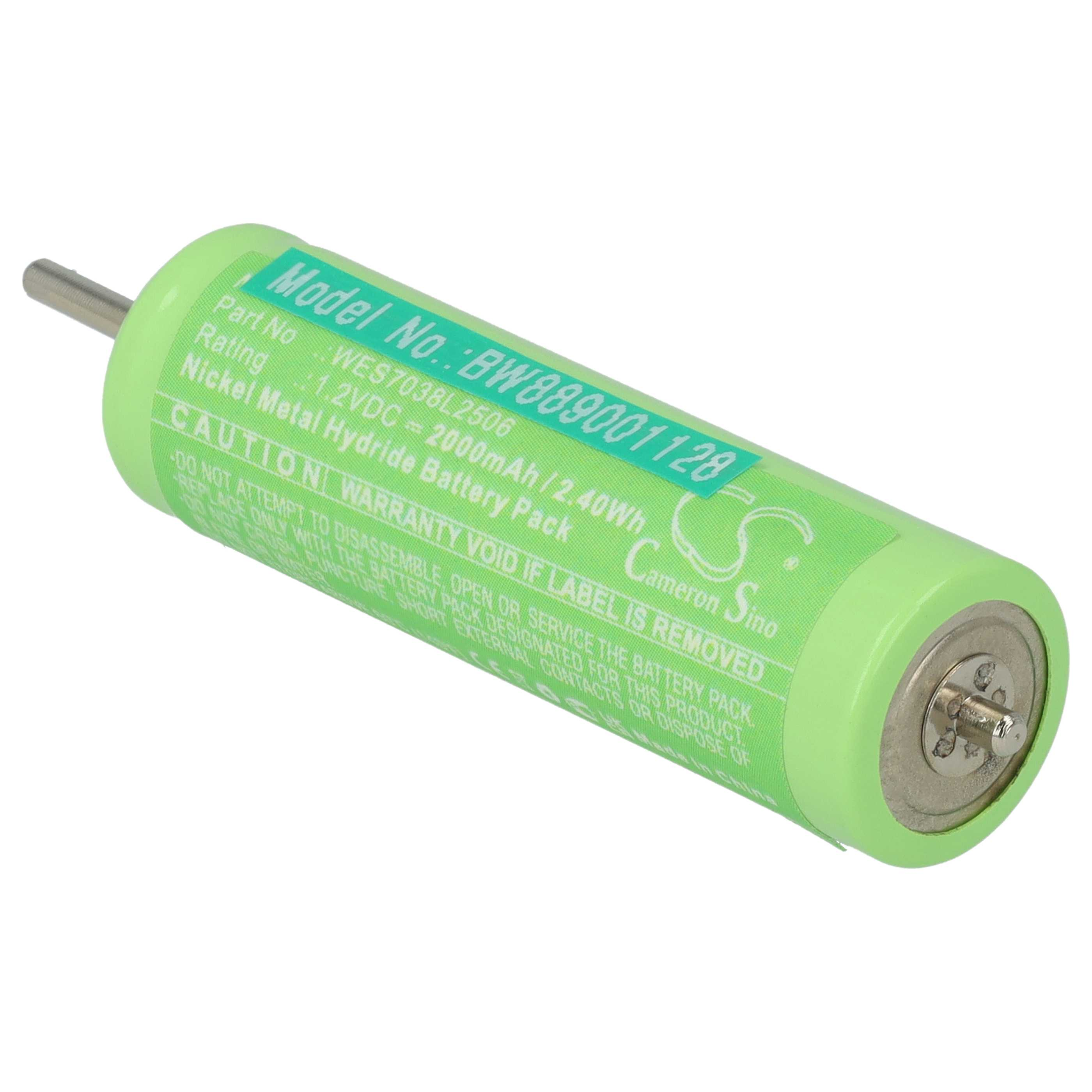 Eine grüne Batteriezelle mit Text und einem silbernen Metallkontakt. Der Text enthält Modell- und Warnhinweise.