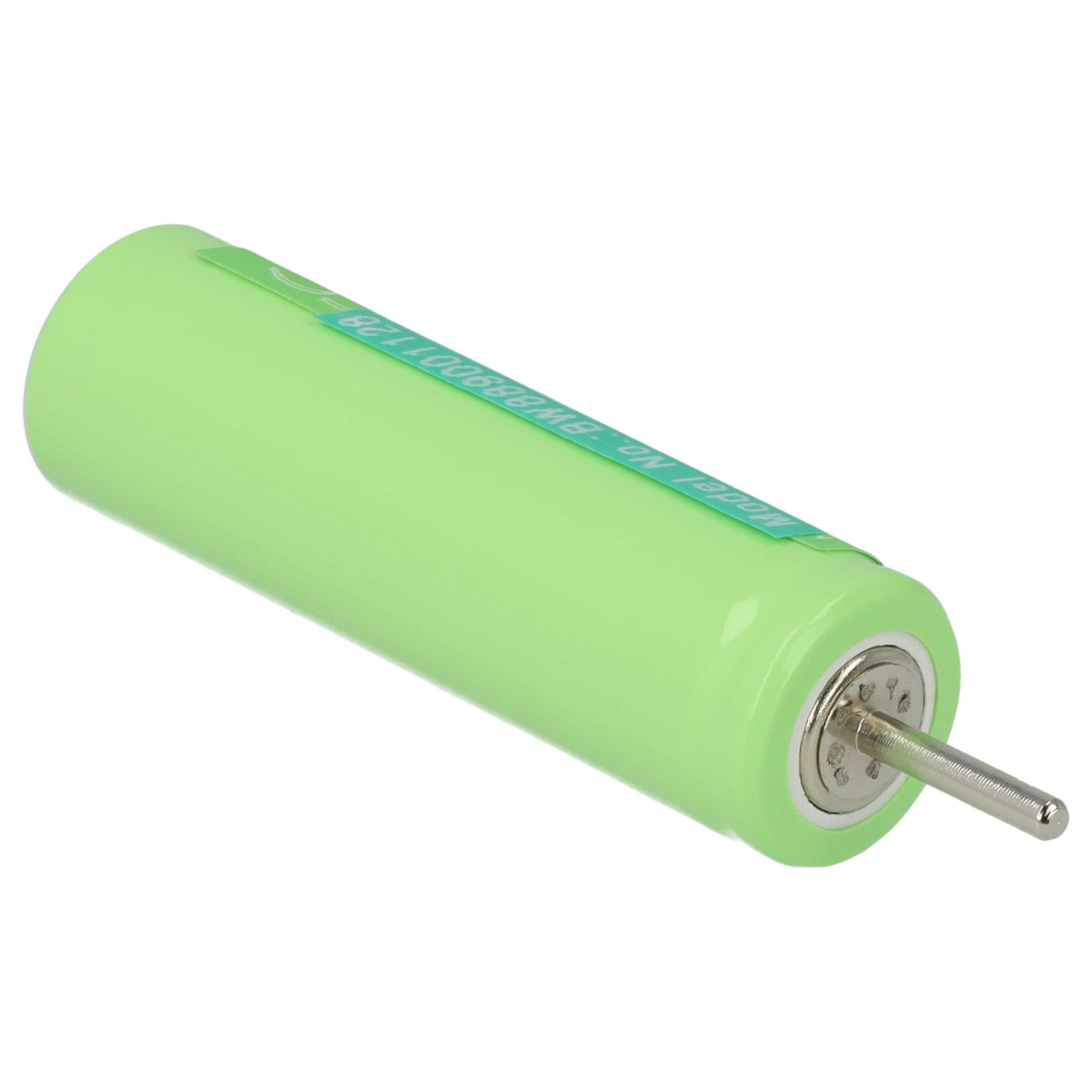 Eine grüne zylindrische Batterie mit einem Metallanschluss, der sich von einem Ende erstreckt. Die Batterie hat weißen Text.