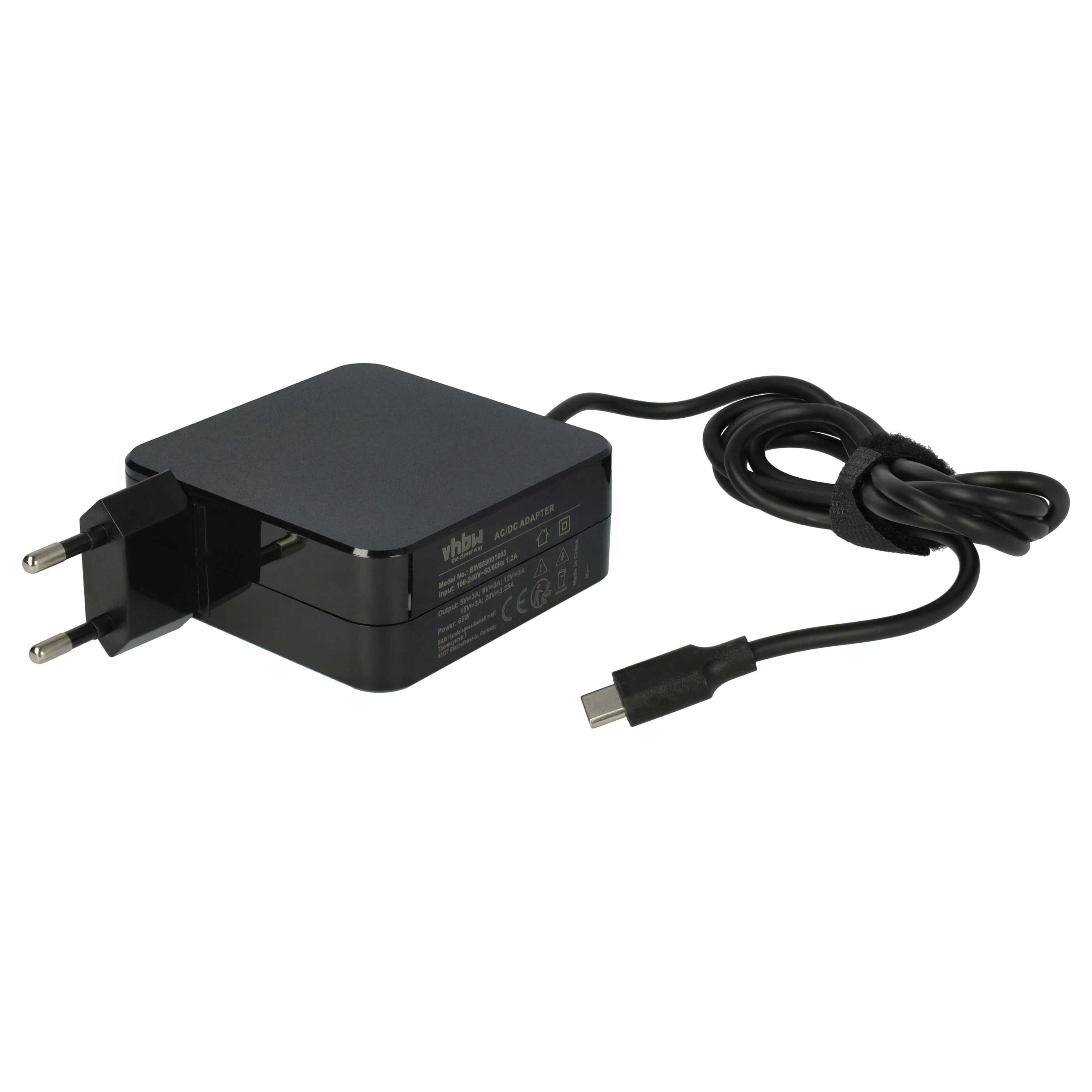 Schwarzes Laptop-Ladegerät mit Typ-C-Anschluss. Es hat einen Eurostecker und ein Kabel mit Klettverschluss.