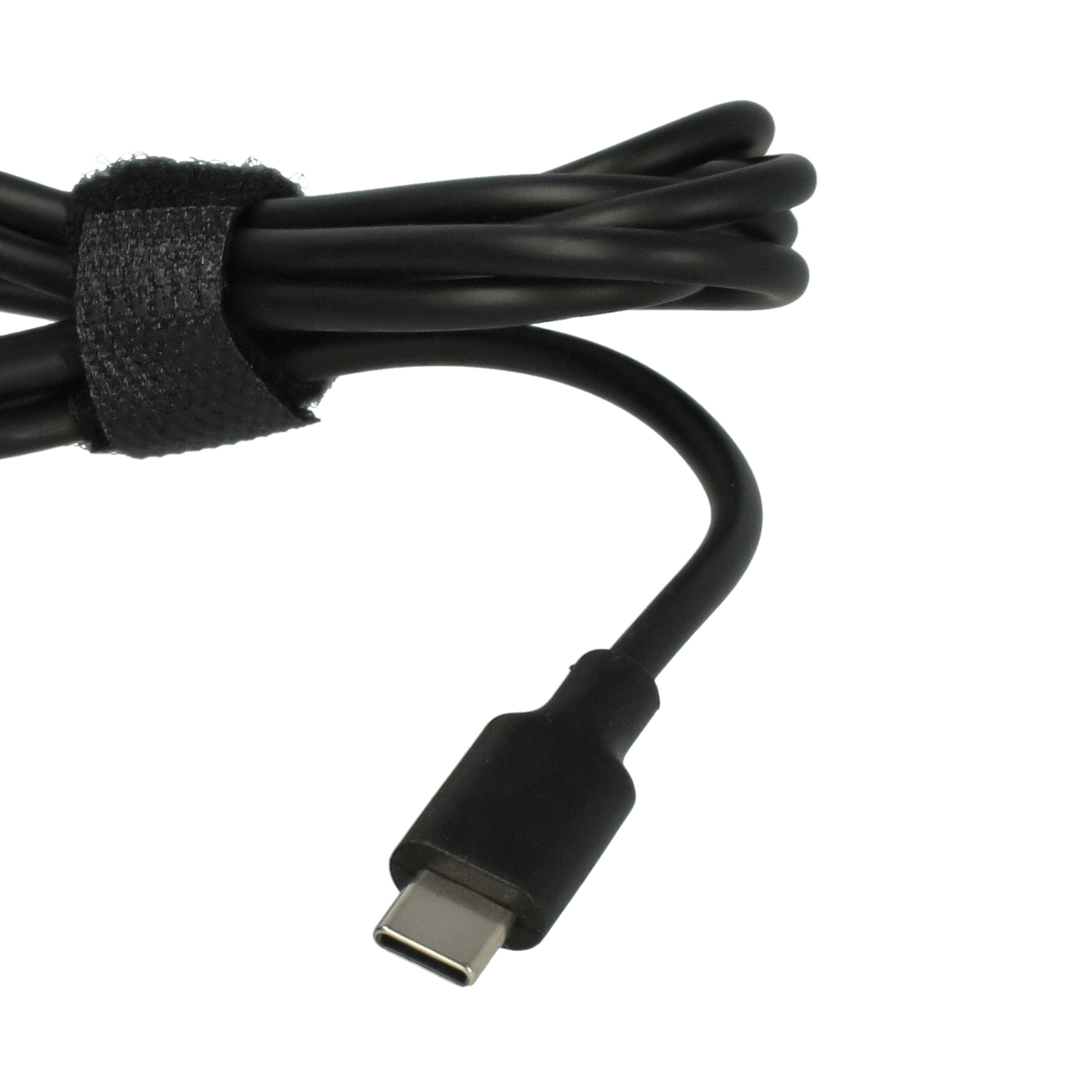 Ein schwarzes USB-C-Kabel mit Klettverschluss und USB-C-Anschluss auf weißem Hintergrund.