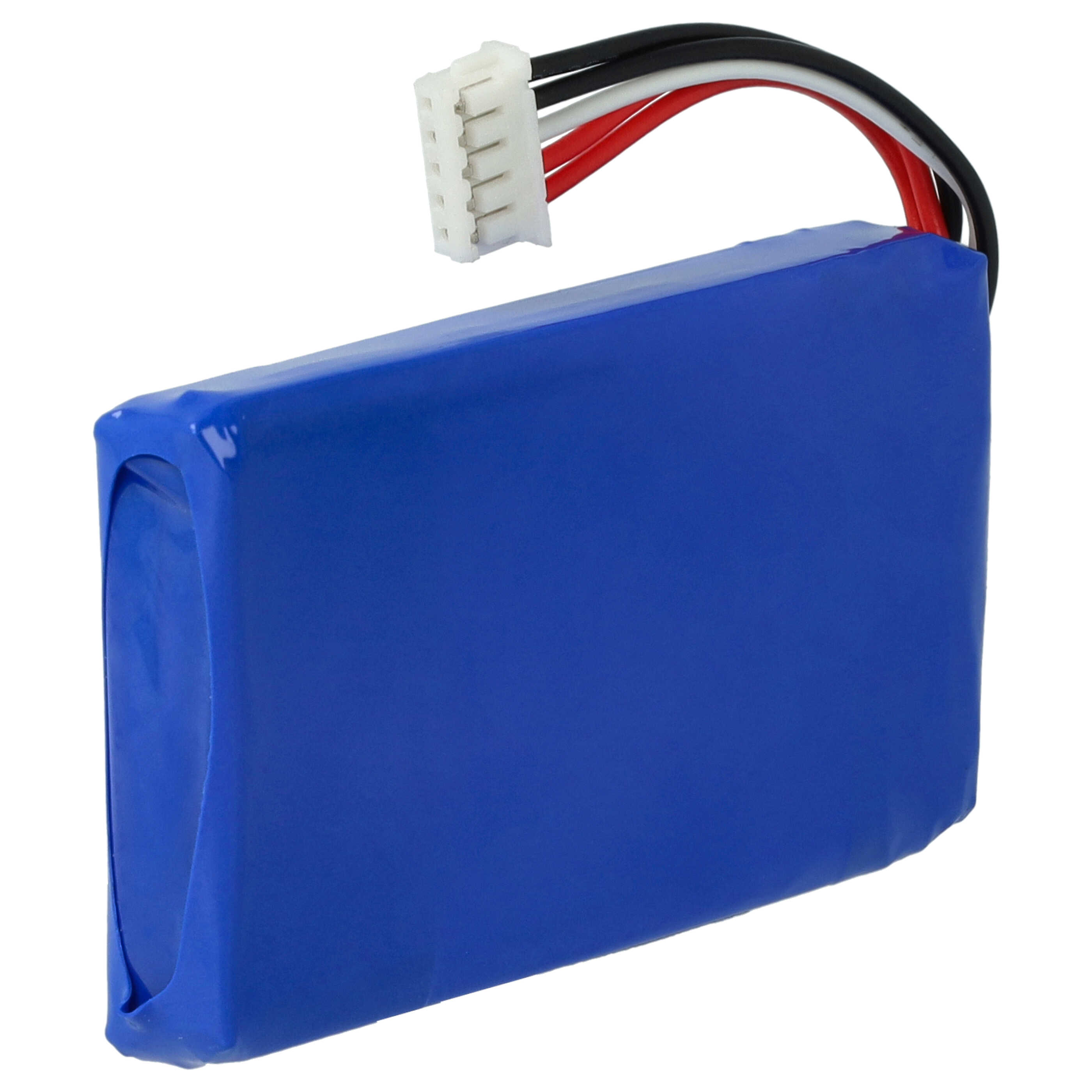 Ein blauer rechteckiger Akku mit Drähten und einem weißen Stecker. Drähte sind schwarz, rot und weiß.
