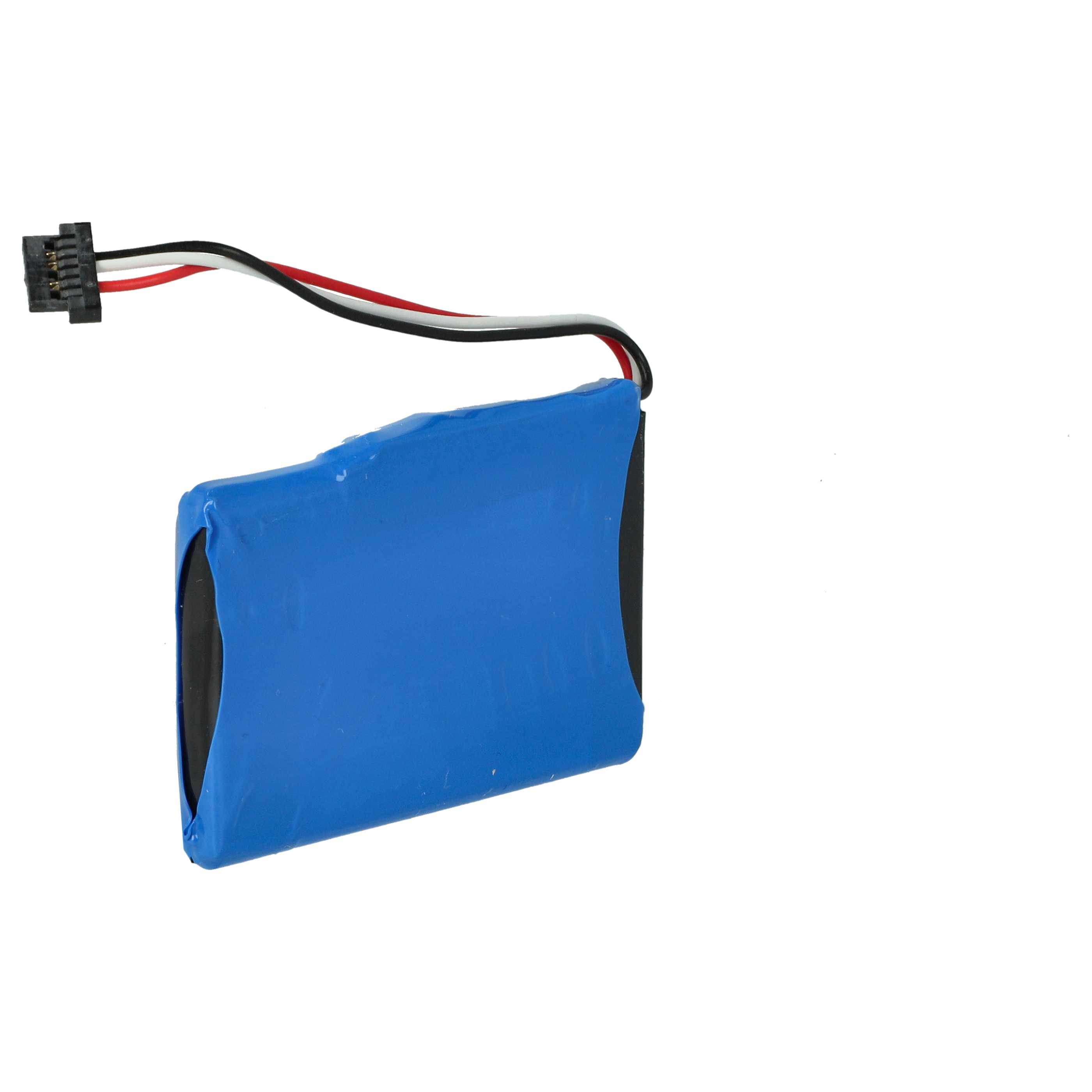 Ein blaues Akkupack mit schwarzen Enden und Drähten. Stecker oben links. Weißer Hintergrund.