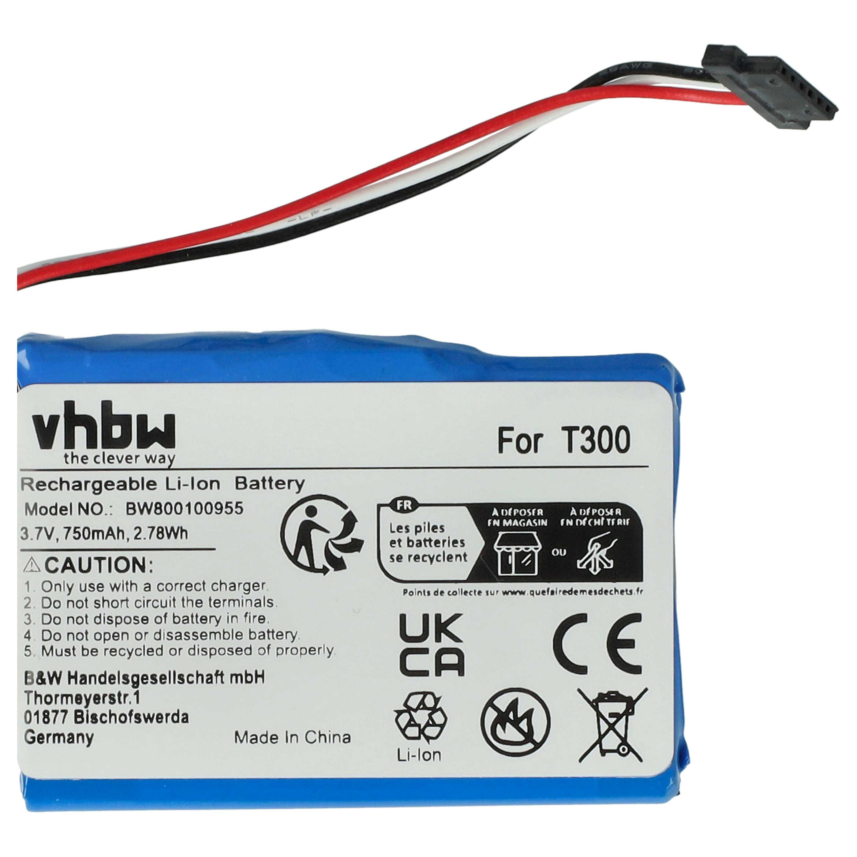 Blaue Batterie mit weißem Etikett. Es hat schwarze, rote und weiße Drähte. Das Etikett hat Text, Warnungen und Recyclingsymbole.