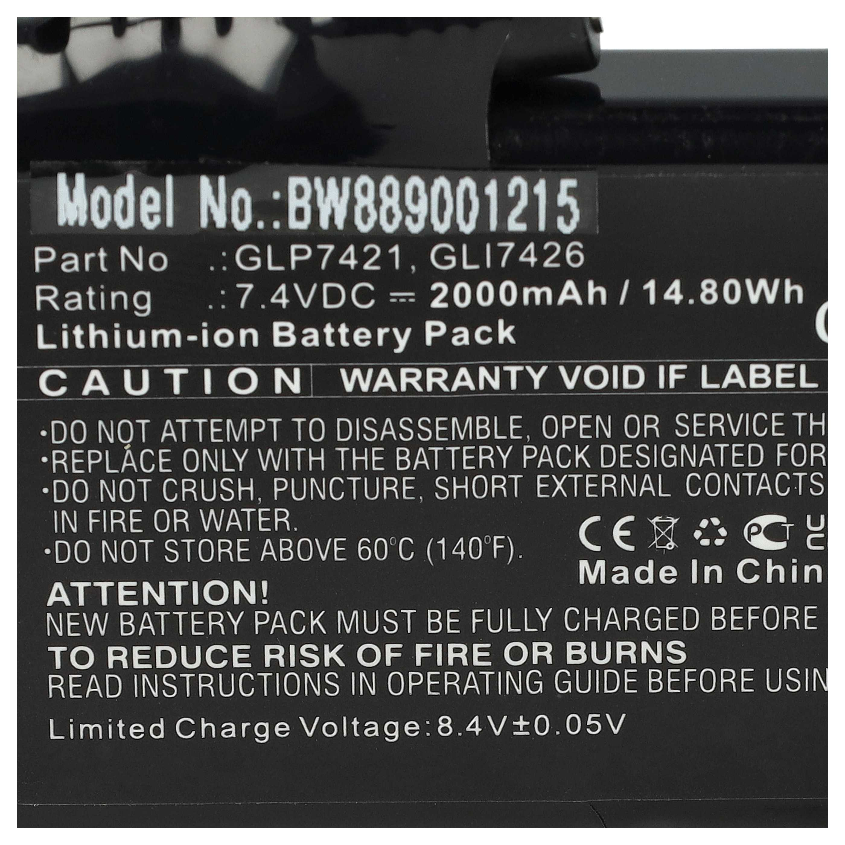Schwarzes Etikett mit weißem Text. Details zu Batteriespezifikationen, Warnungen und Zertifizierungen. Modellnummer, Teilenummer und Spannung.