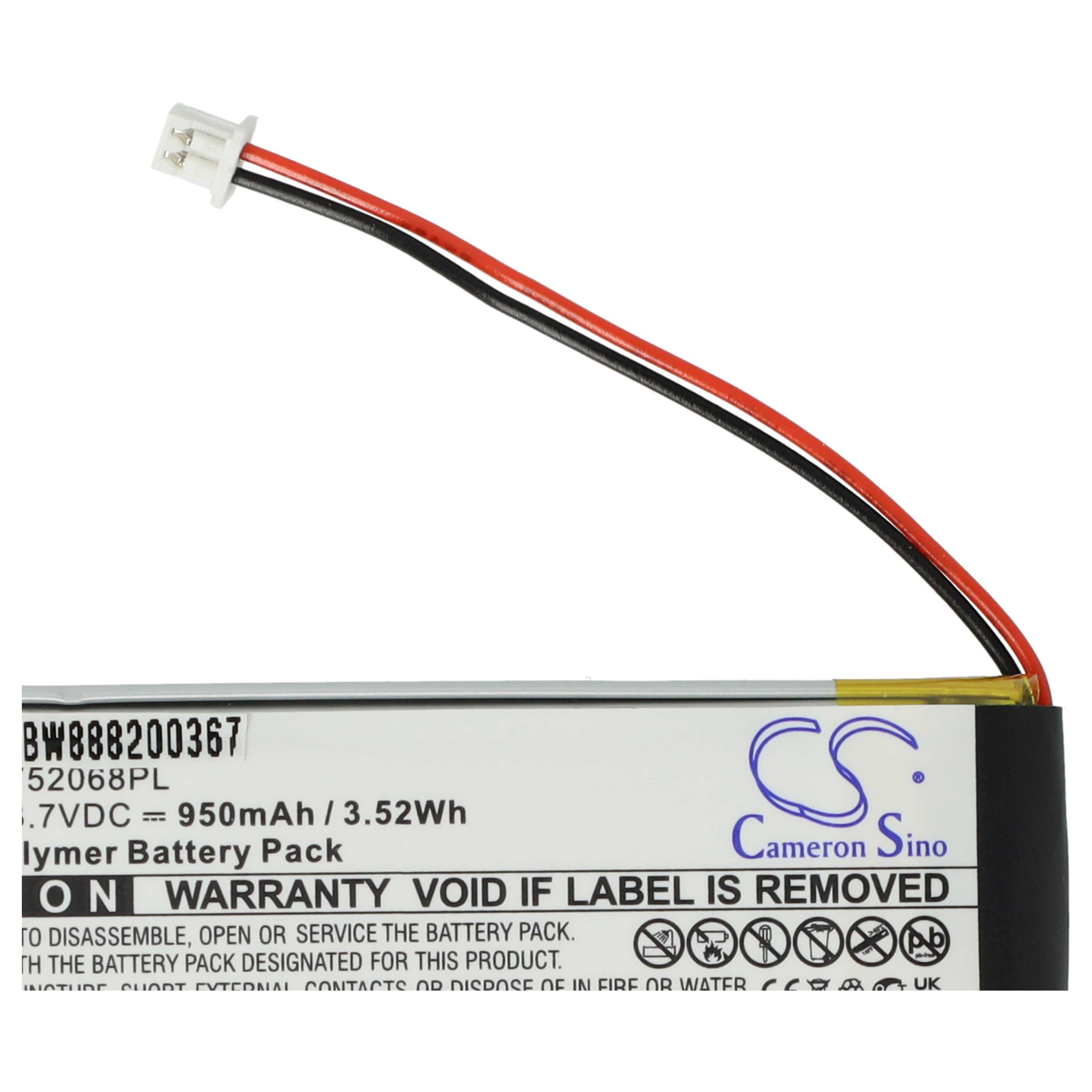 Ein Akku mit schwarzen und roten Drähten, einem weißen Stecker und einem Etikett mit Text und dem Cameron Sino Logo.