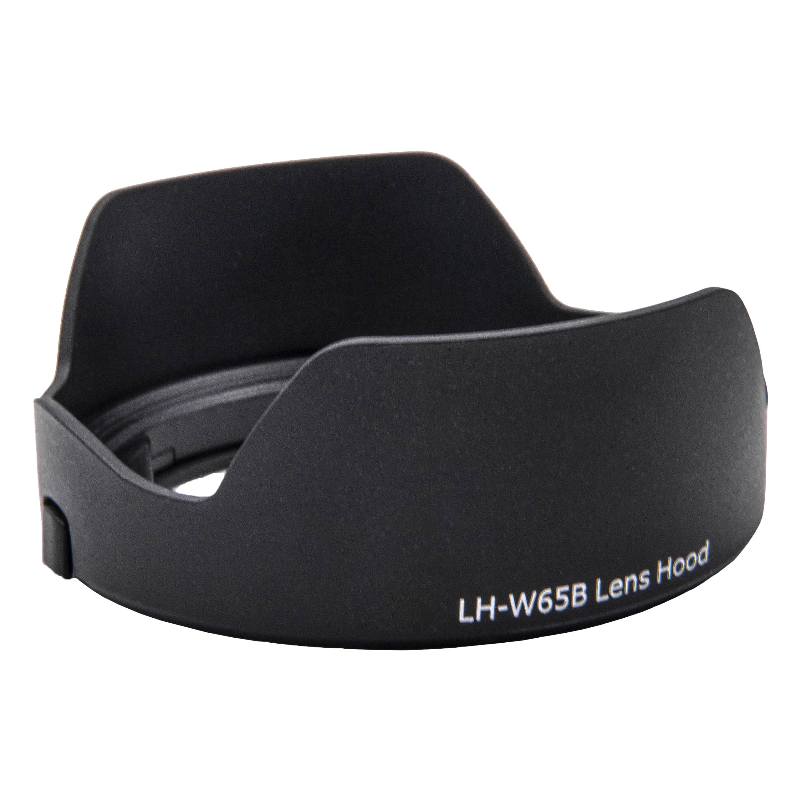 Eine schwarze Objektivsonnenblende mit der Aufschrift LH-W65B Lens Hood vor weißem Hintergrund. Die Haube besteht aus mattem Material.