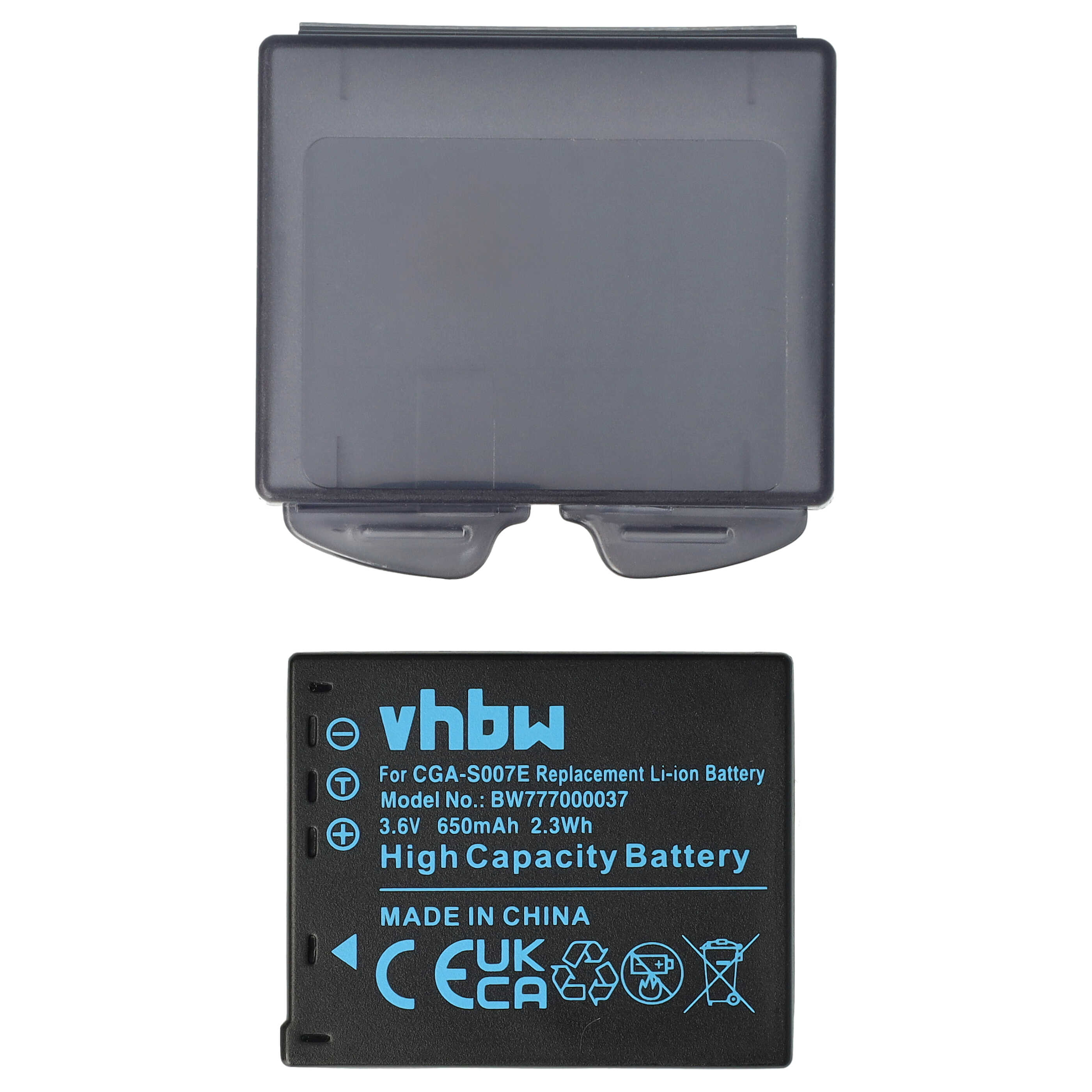 Das Bild zeigt einen schwarzen Akku mit einer durchsichtigen Kunststoffhülle. Textdetails sind 'vhbw', 'High Capacity Battery' und 'Made in China'.