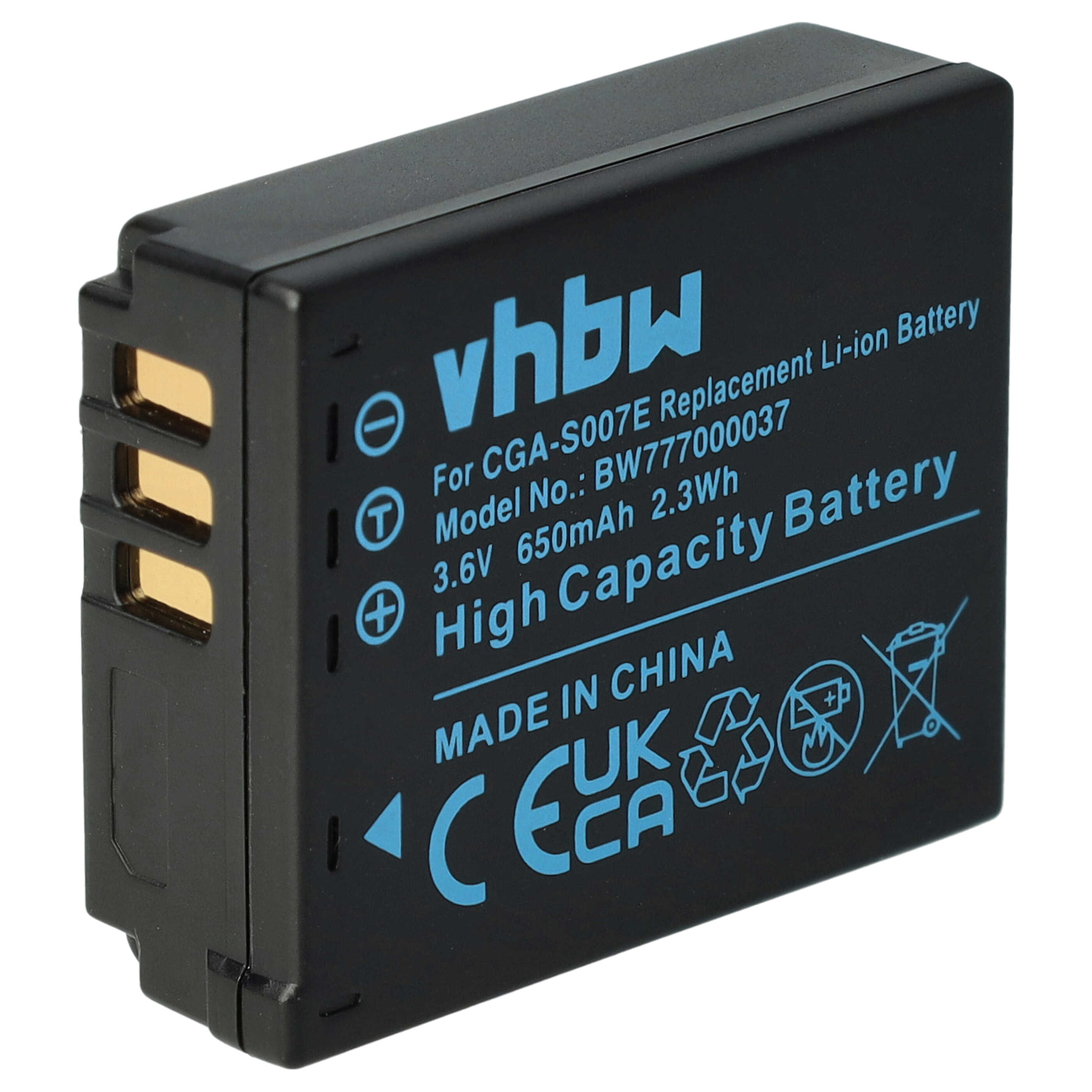 Schwarzer rechteckiger Akku mit blauem Text. Auf ihm stehen 'vhbw', 'High Capacity Battery' und 'Made in China'.