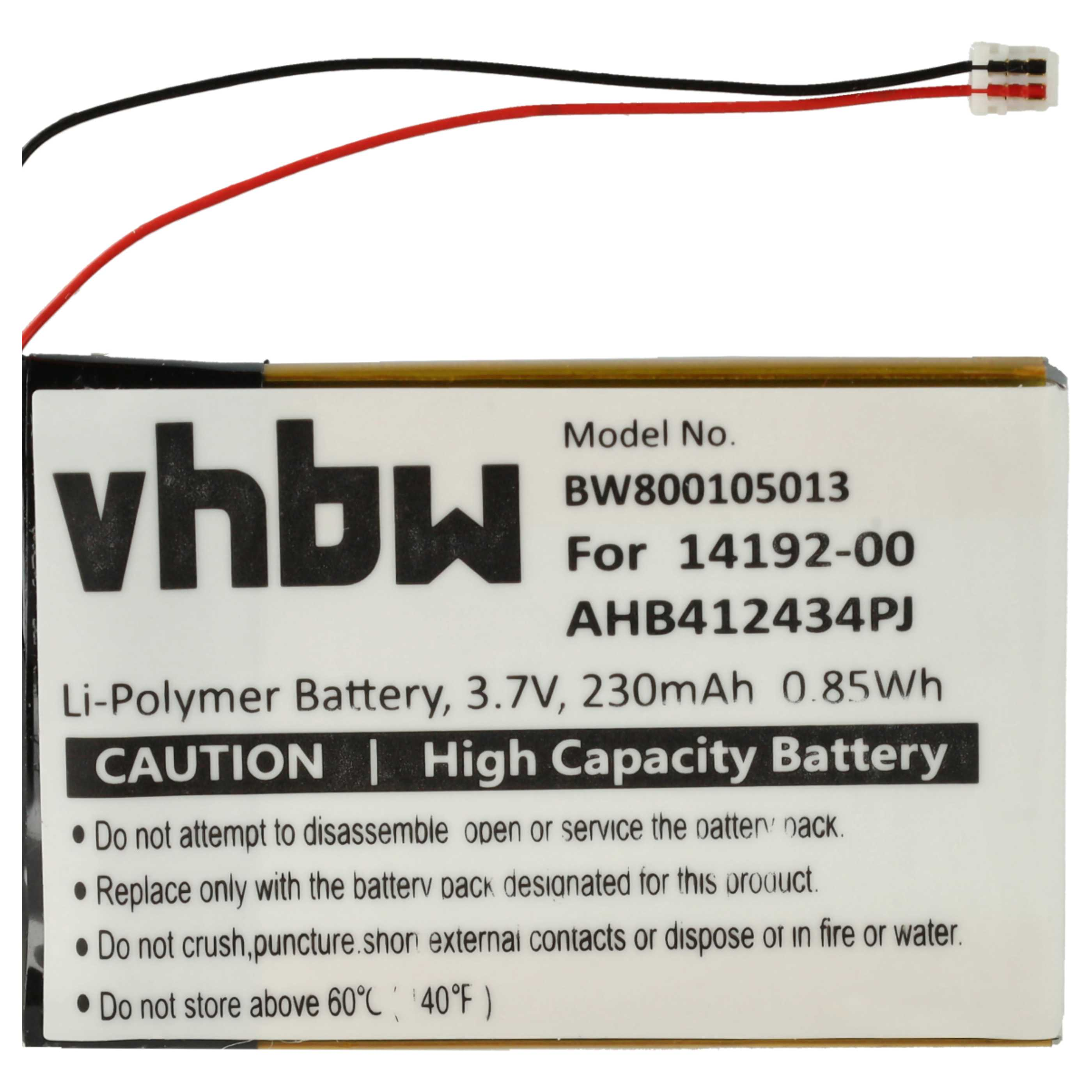 Ein Akku mit Text, Drähten und einem Stecker. Auf dem Etikett steht: Li-Polymer-Akku, Vorsicht und Modellinfo.