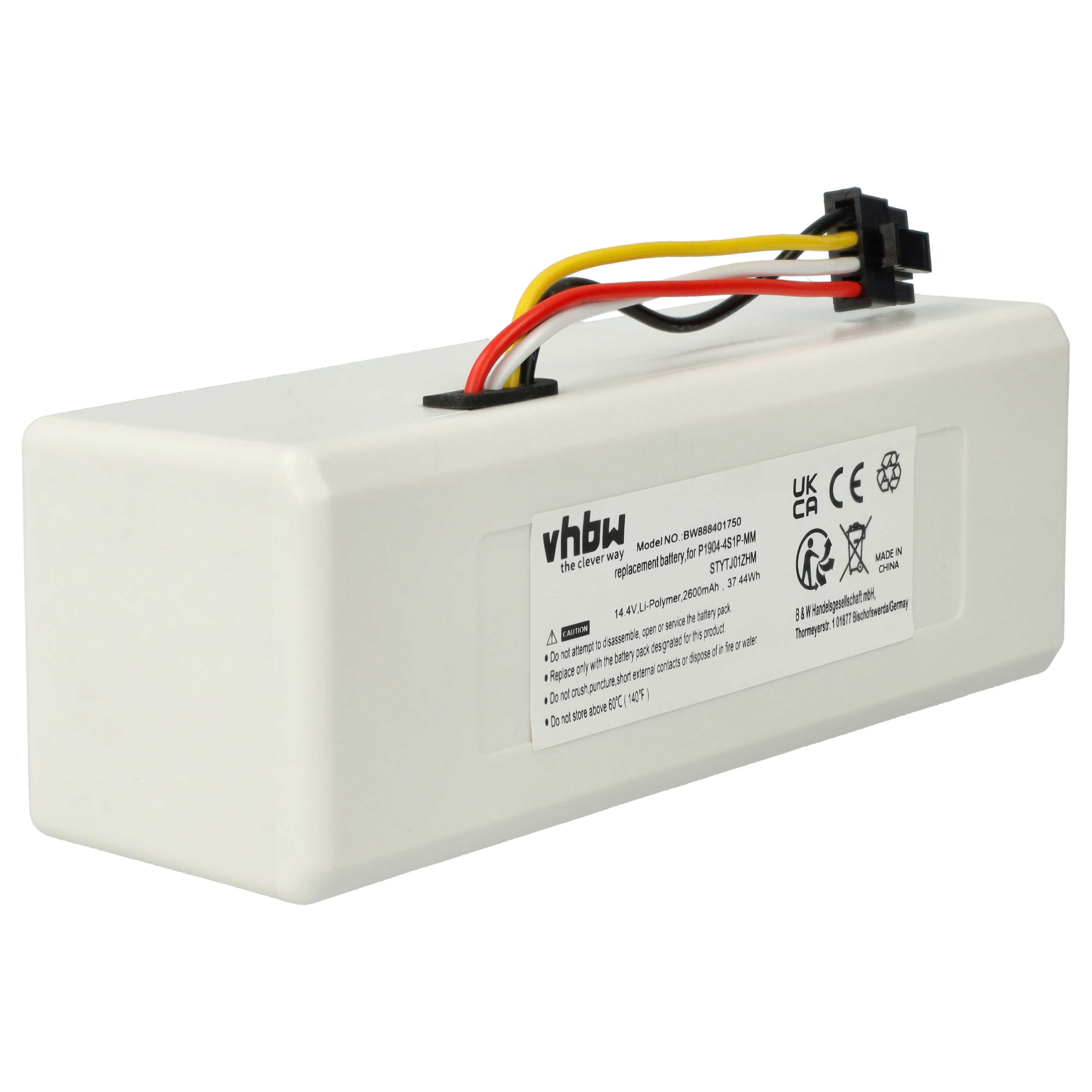Ein weißes Batteriepack mit farbigen Drähten und einem schwarzen Stecker. Textdetails auf dem Pack, einschließlich Warnungen und Spezifikationen.