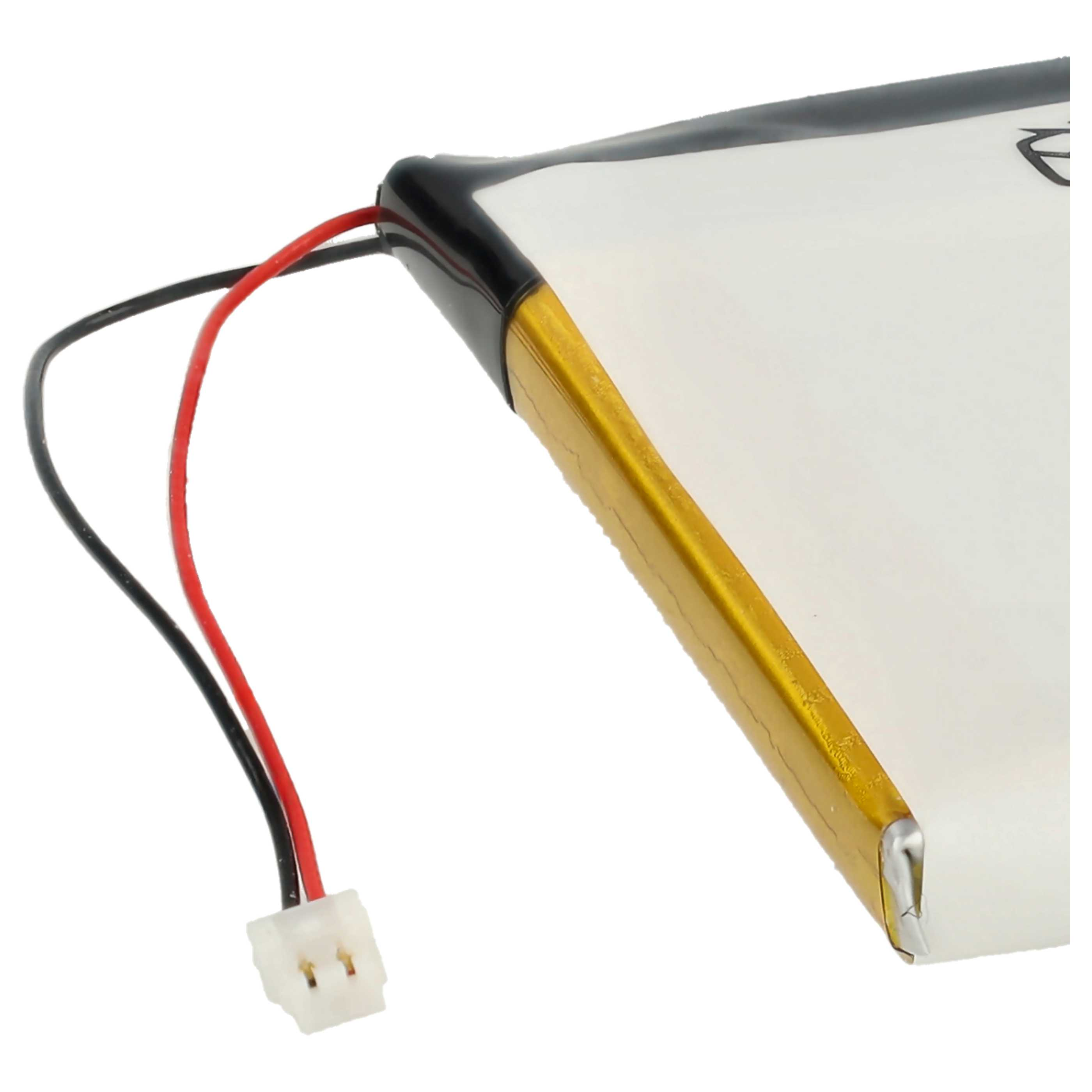 Ein Akku mit goldfarbenen Kanten, weißer Oberfläche und schwarzen und roten Drähten, die mit einem weißen Stecker verbunden sind.
