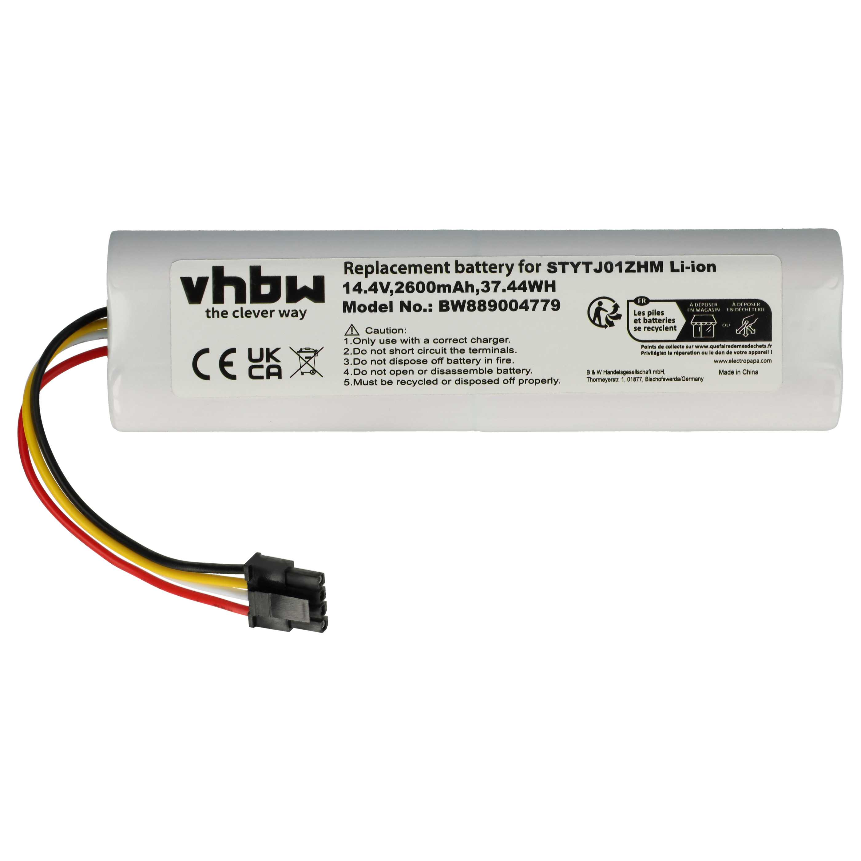 Ein weißer Akku mit Drähten und Text, darunter 'vhbw' und 'Replacement battery'. Vorsichtshinweise sind aufgeführt.