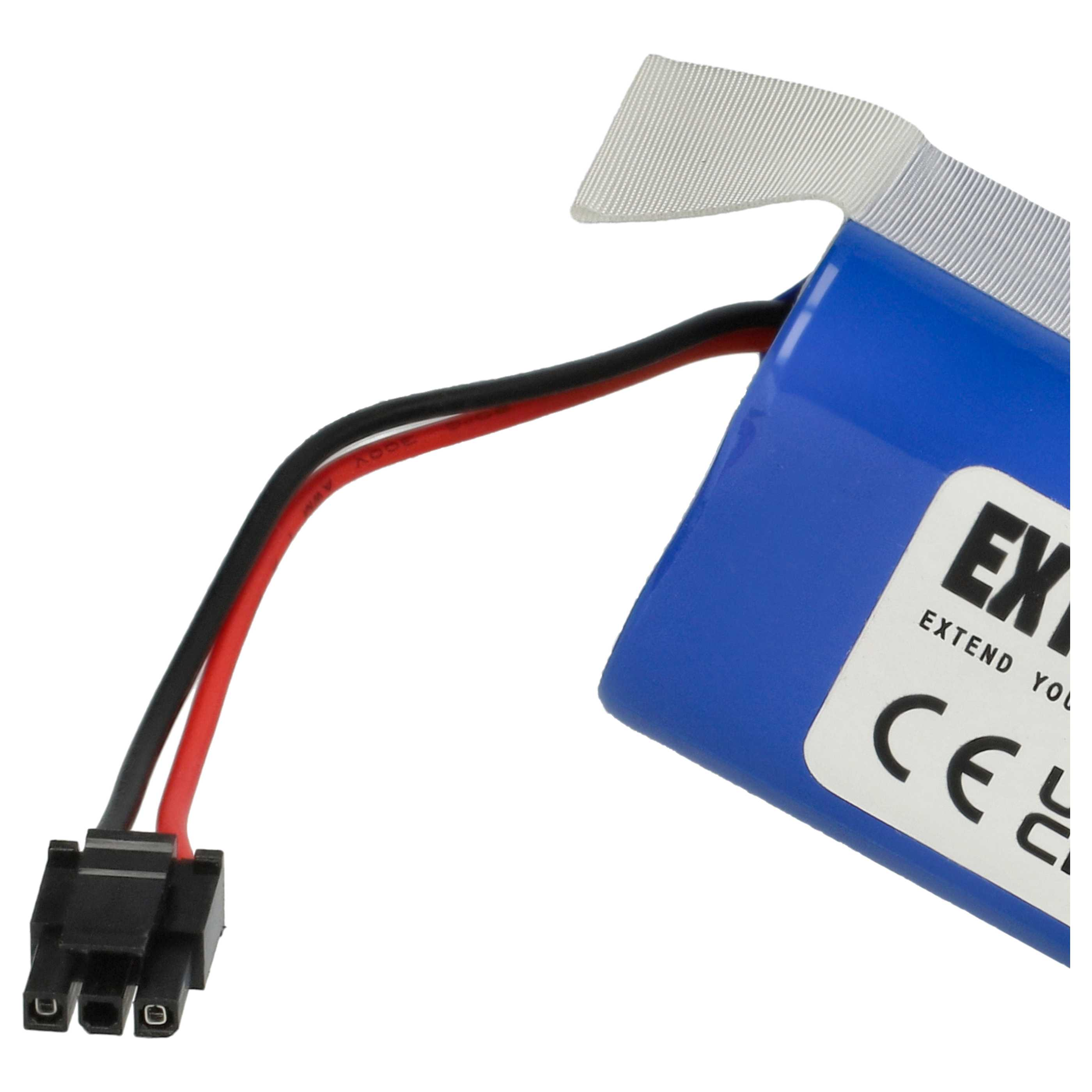Ein blauer Akku mit schwarzen und roten Drähten und einem Stecker. Der Akku hat ein weißes Etikett und ein weißes Band.