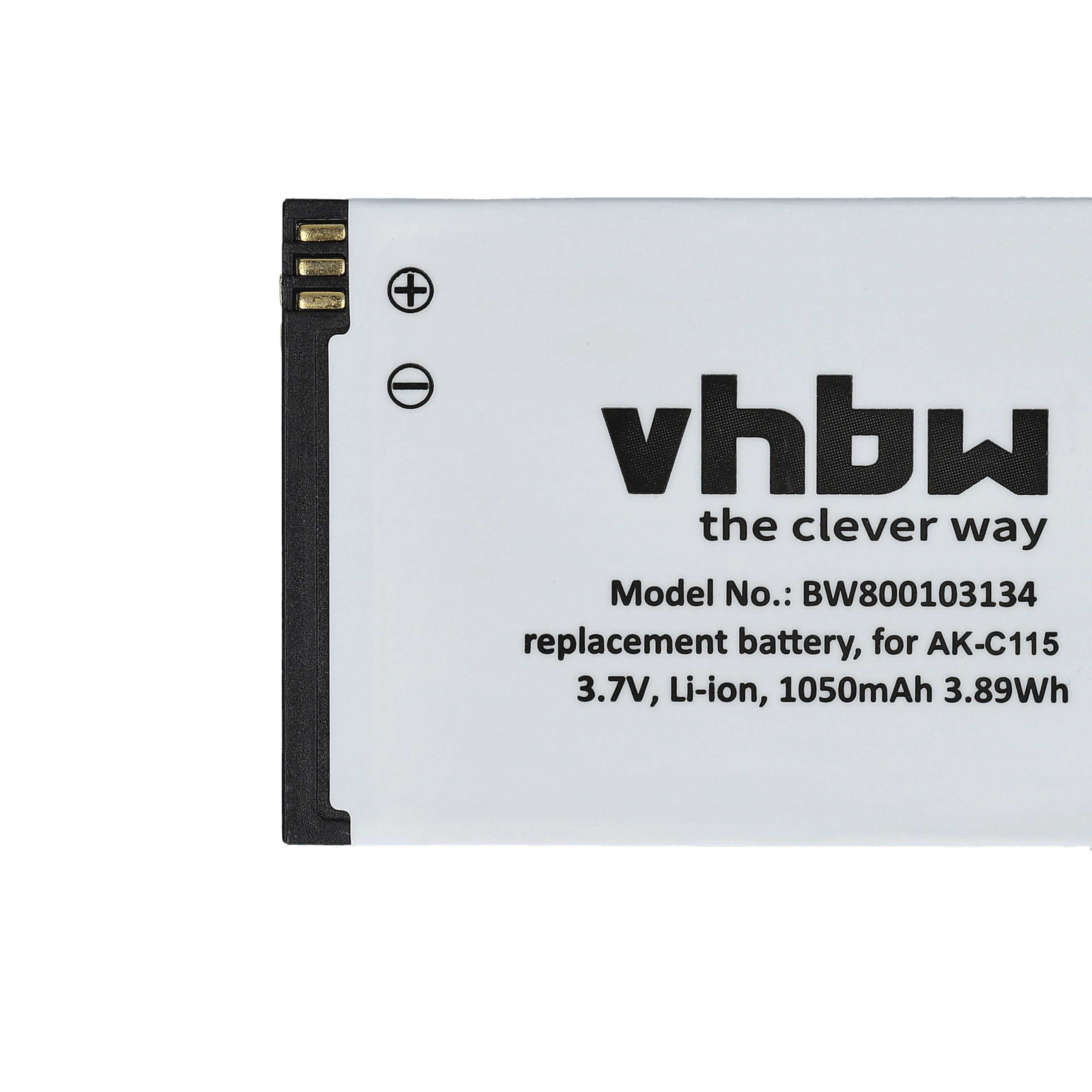 Akku mit Text: vhbw, the clever way, Modell-Nr.: BW800103134, Ersatzbatterie für AK-C115, 3,7V, Li-Ion, 1050mAh 3,89Wh.