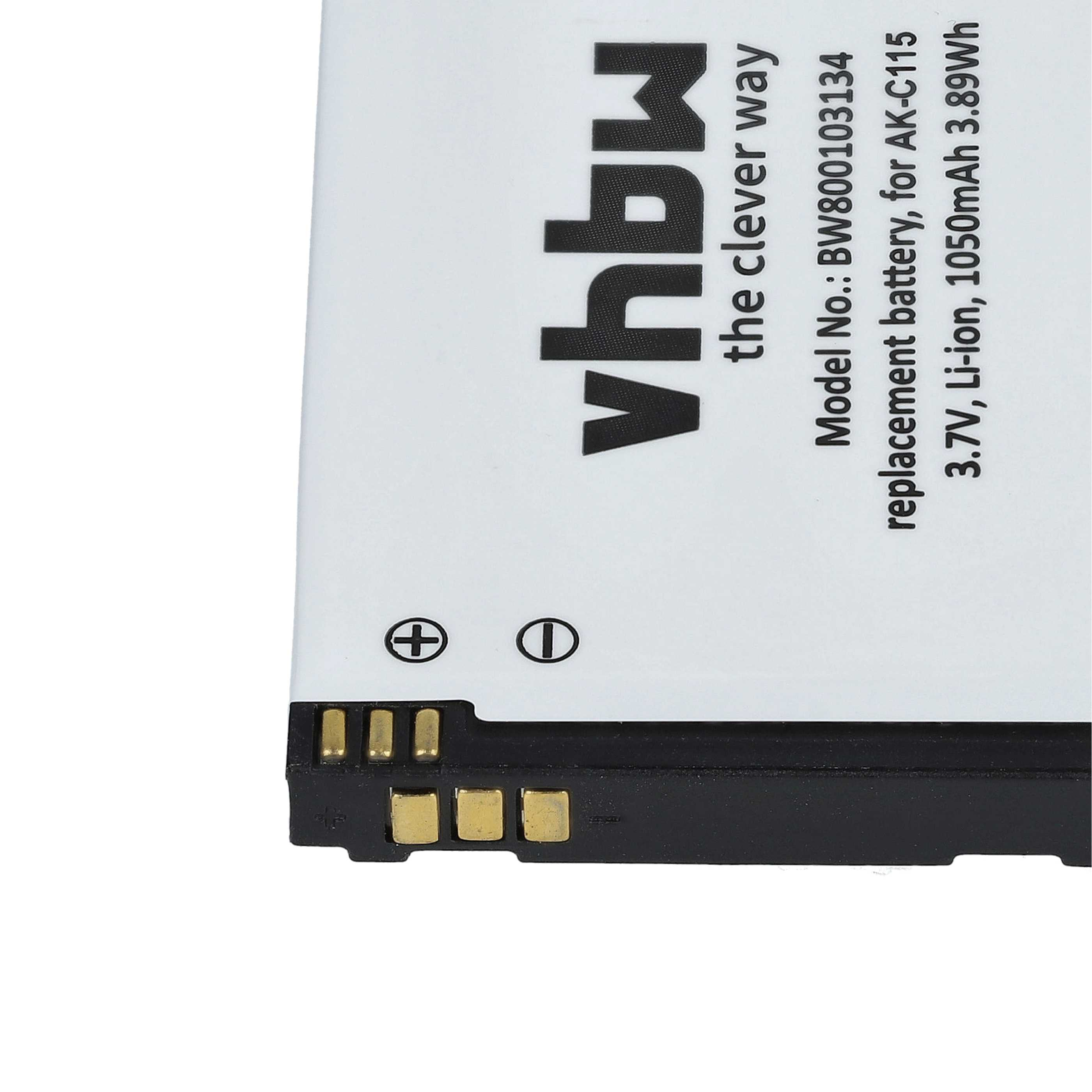Ein Akku mit Text: vhbw, the clever way, Modell-Nr.: BW800103134, Ersatzbatterie, für AK-C115, 3,7 V, Li-Ion, 1050 mAh 3,89 Wh