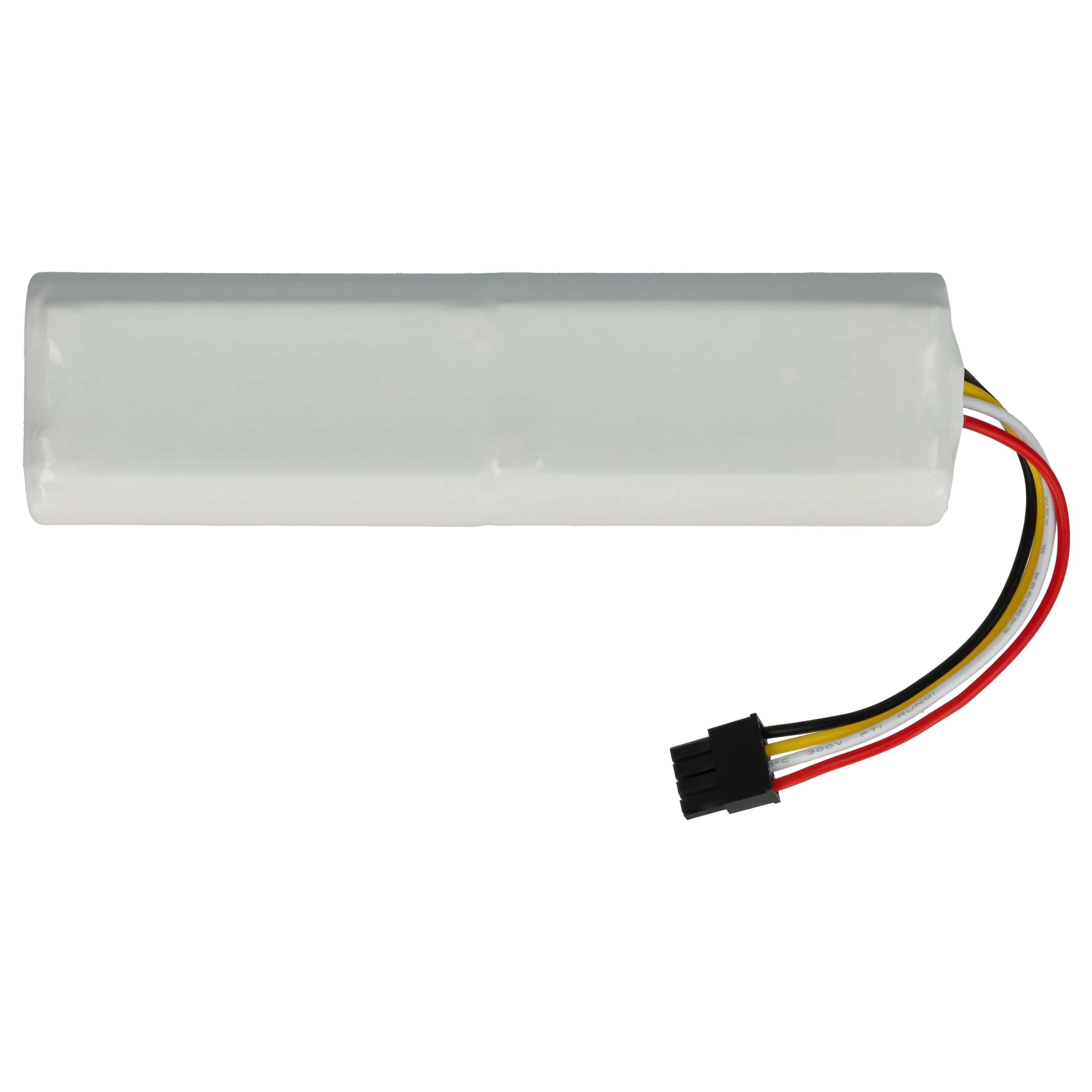 Ein rechteckiges weißes Batteriepack mit farbigen Drähten und einem schwarzen Stecker auf weißem Hintergrund.